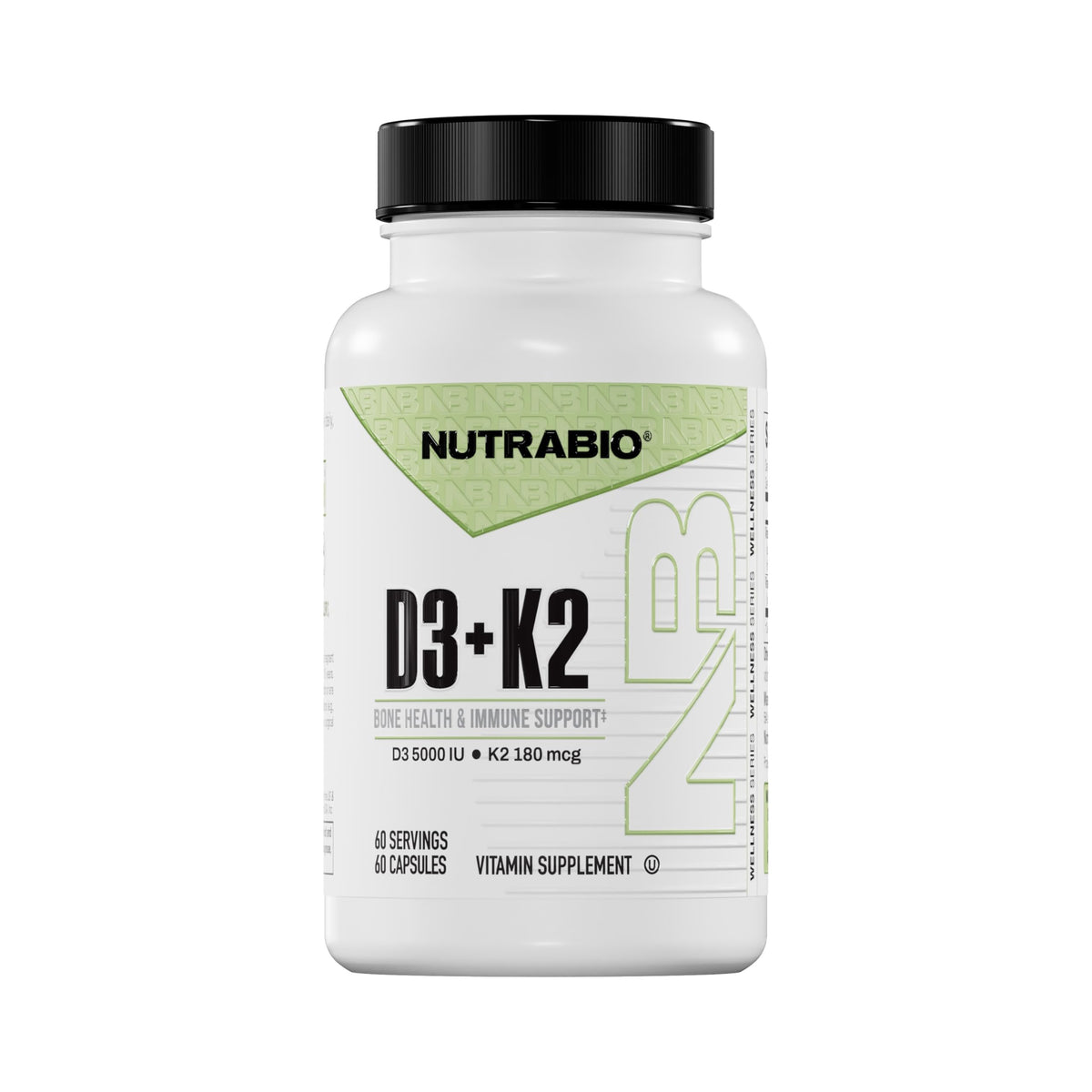 NutraBio Vitamin D3 & K2 capsules front view with label