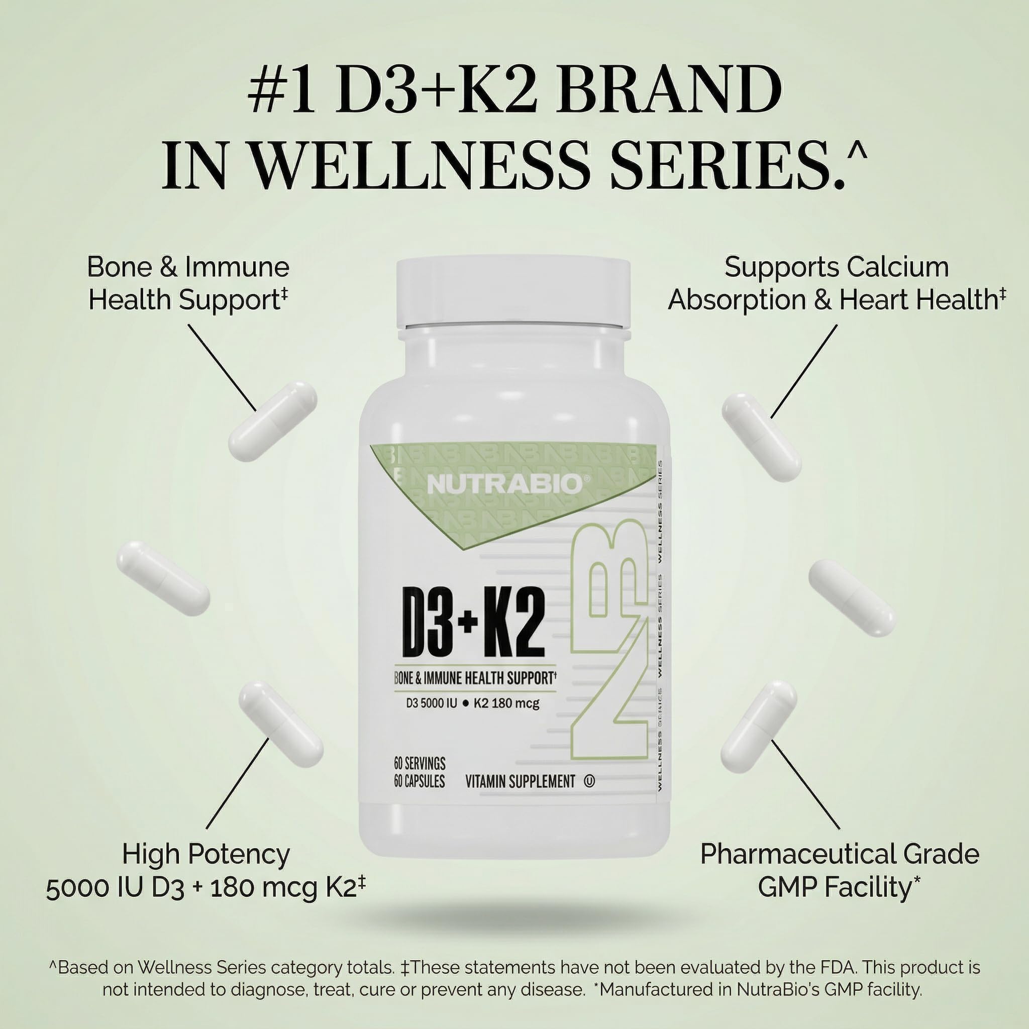 NutraBio Vitamin D3 & K2 capsules in packaging