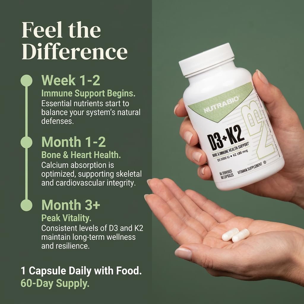 NutraBio Vitamin D3 & K2 capsules on a wooden table