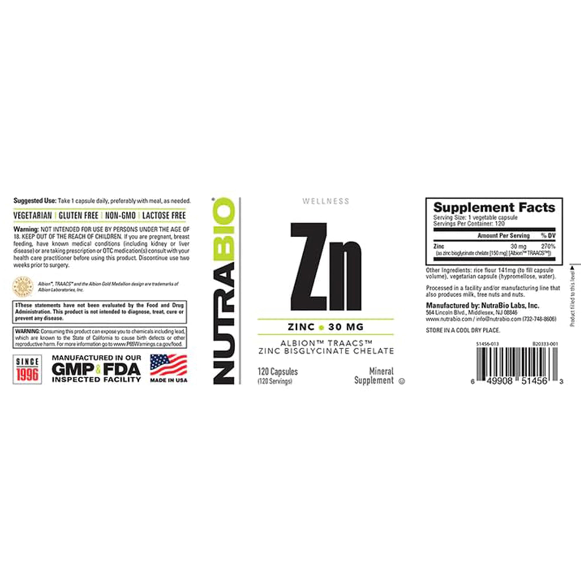 NutraBio Zinc Bisglycinate Chelate capsules on a wooden table