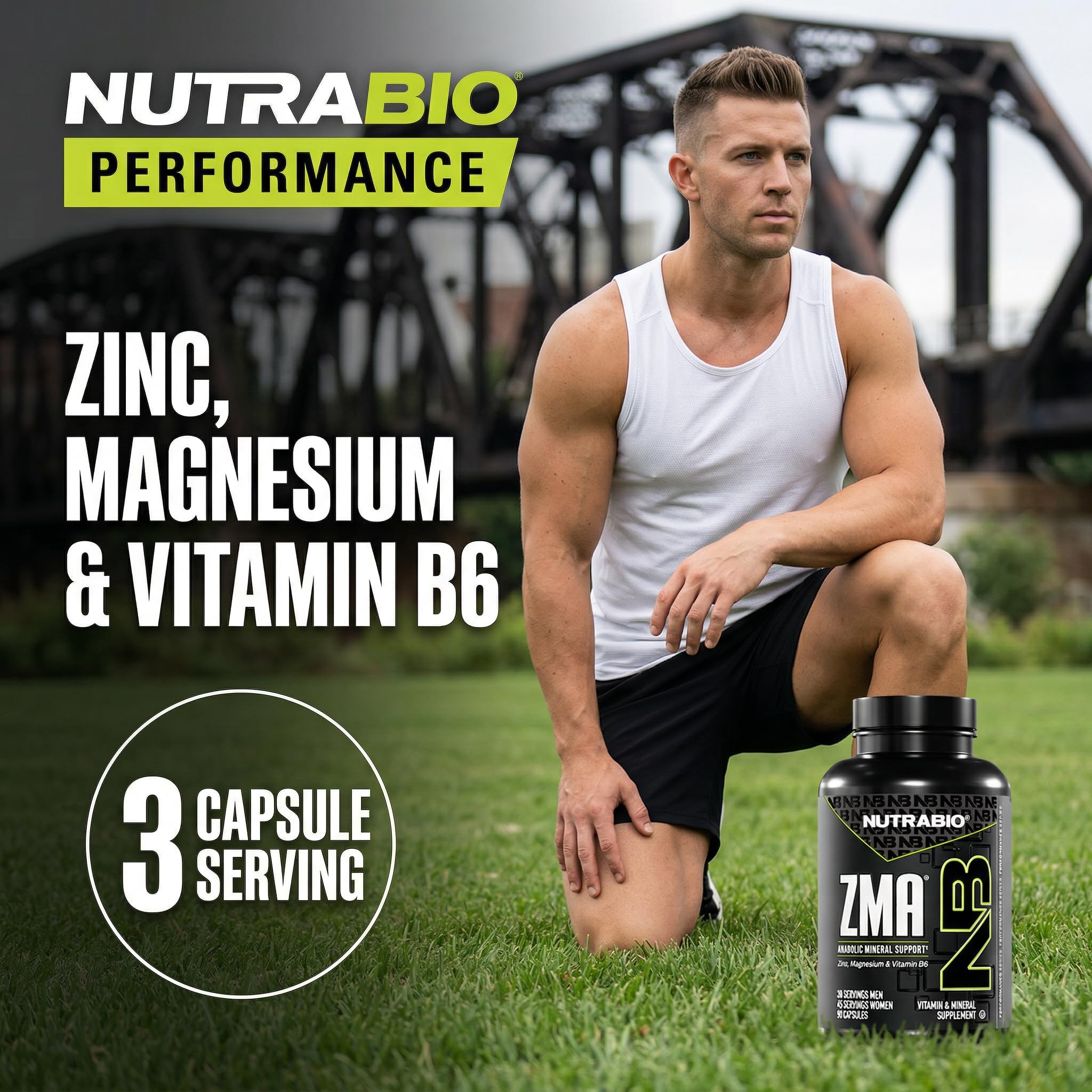 NutraBio ZMA Supplement capsules on a table