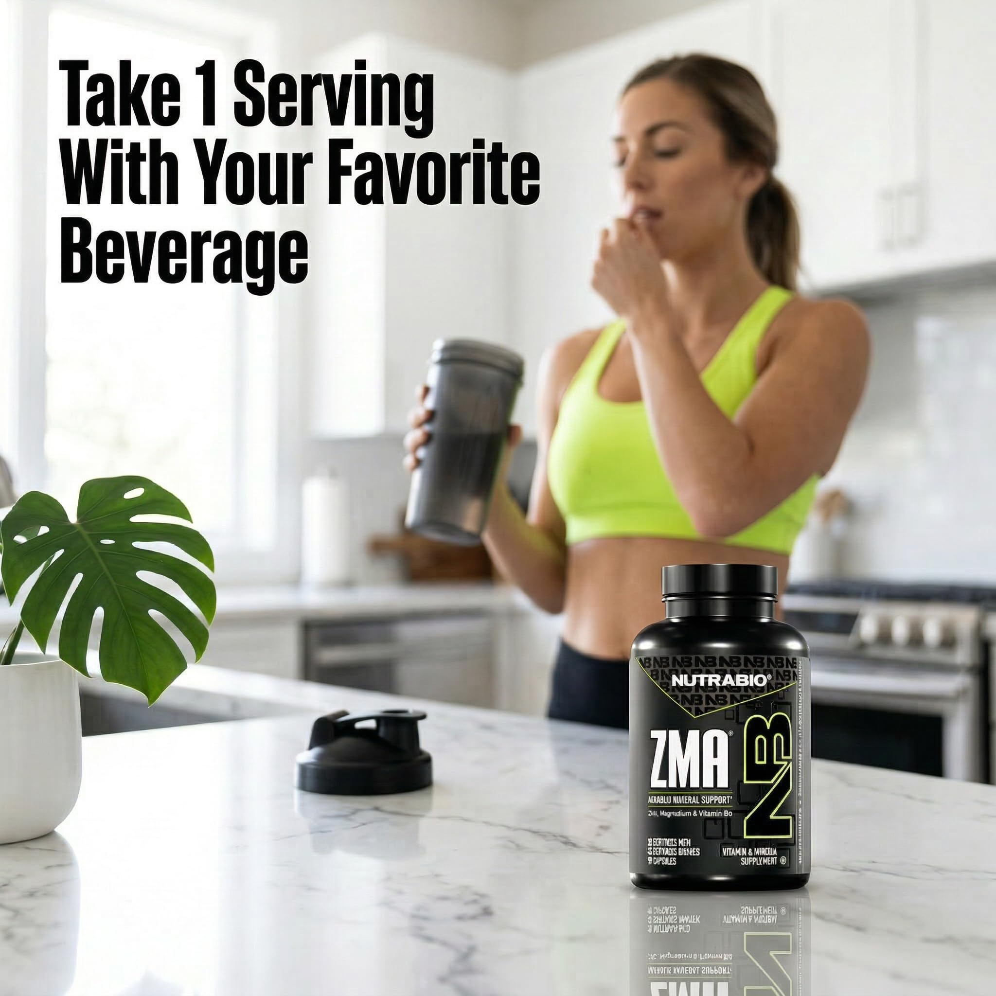 NutraBio ZMA Supplement lifestyle shot with gym equipment