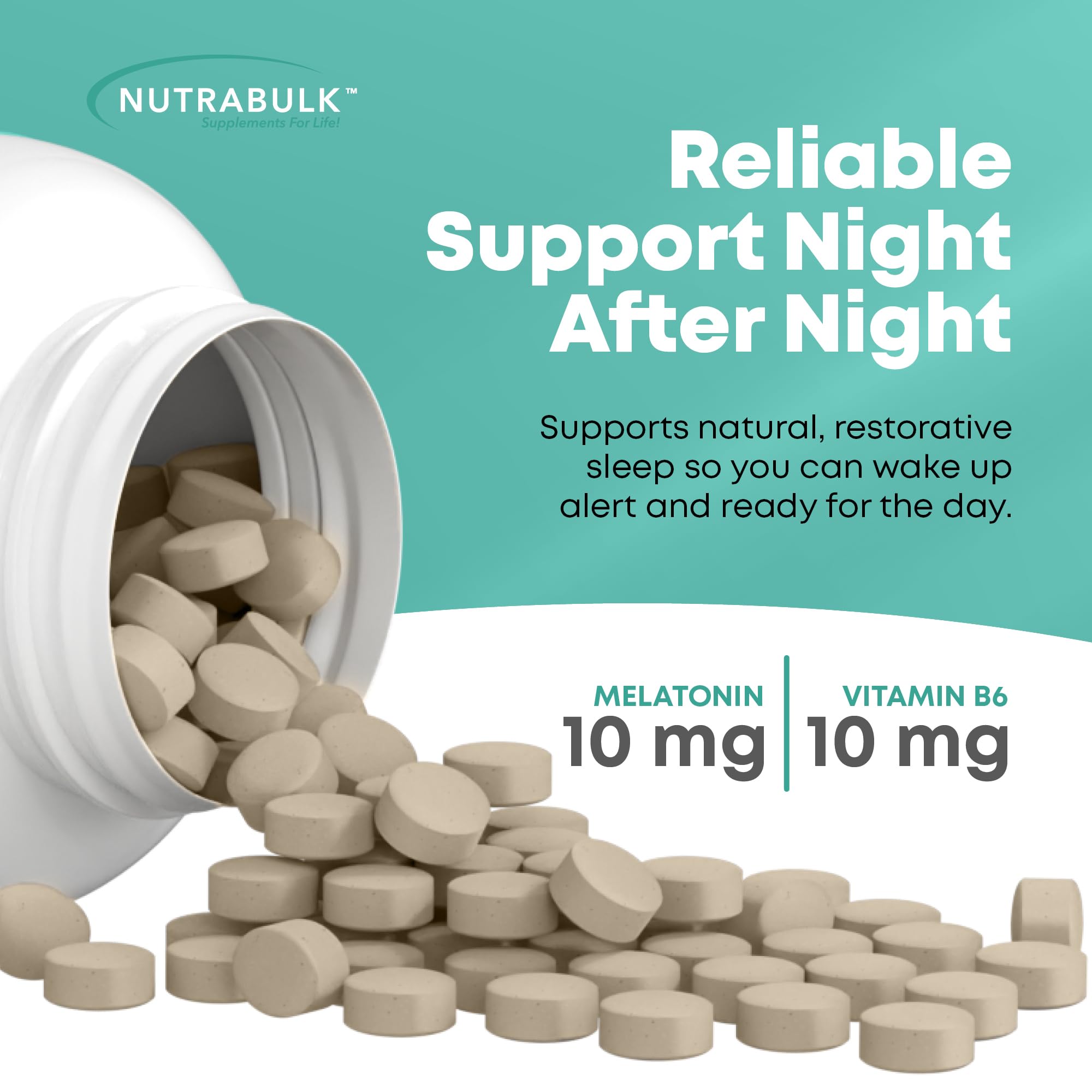 NutraBulk Melatonin Tablets 10mg lifestyle image on bedside table