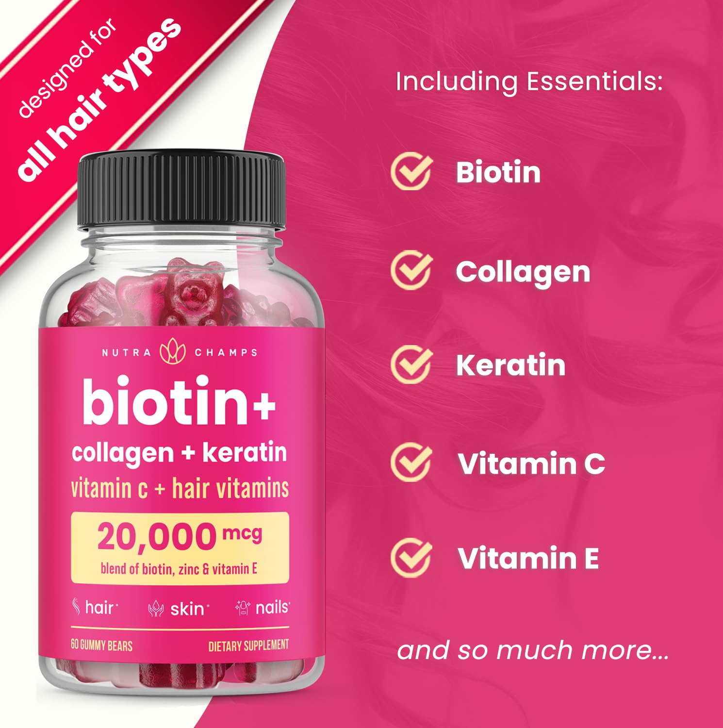 NutraChamps Biotin+ Gummies 5000mcg close-up of gummies