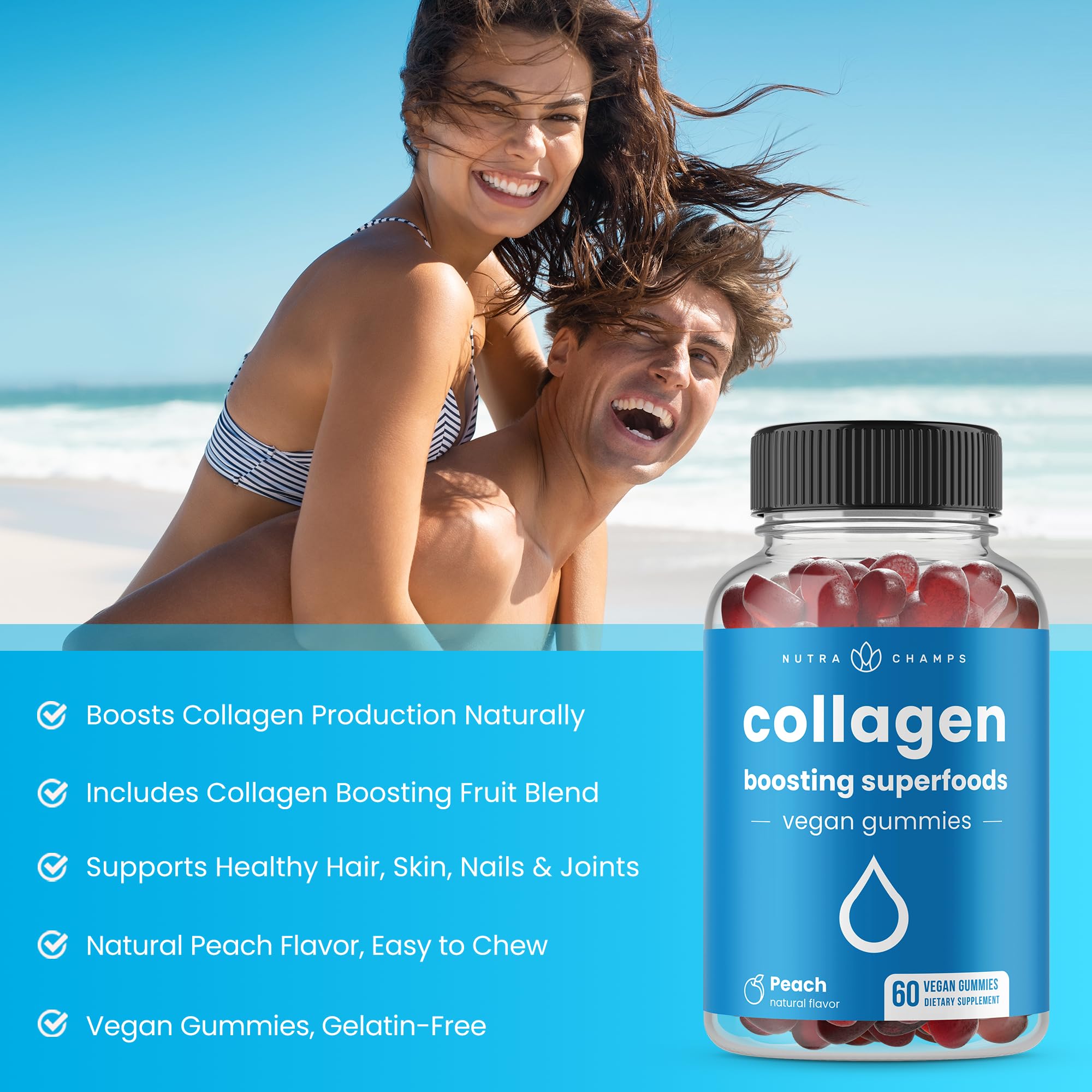 NutraChamps Collagen Gummies side view showing nutritional information