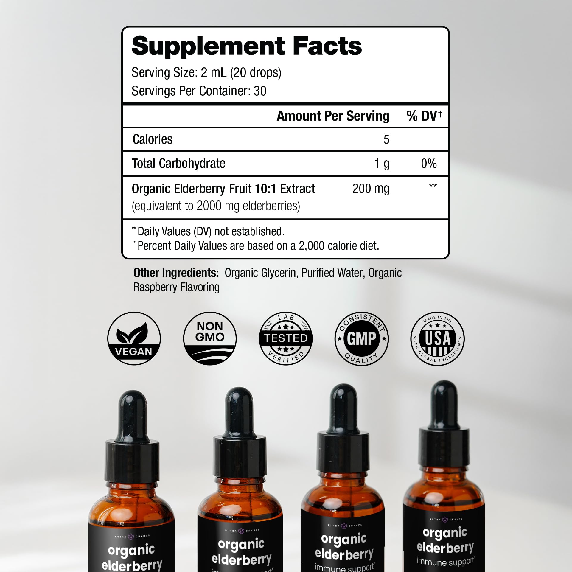 NutraChamps Elderberry Drops 200mg bottle with label