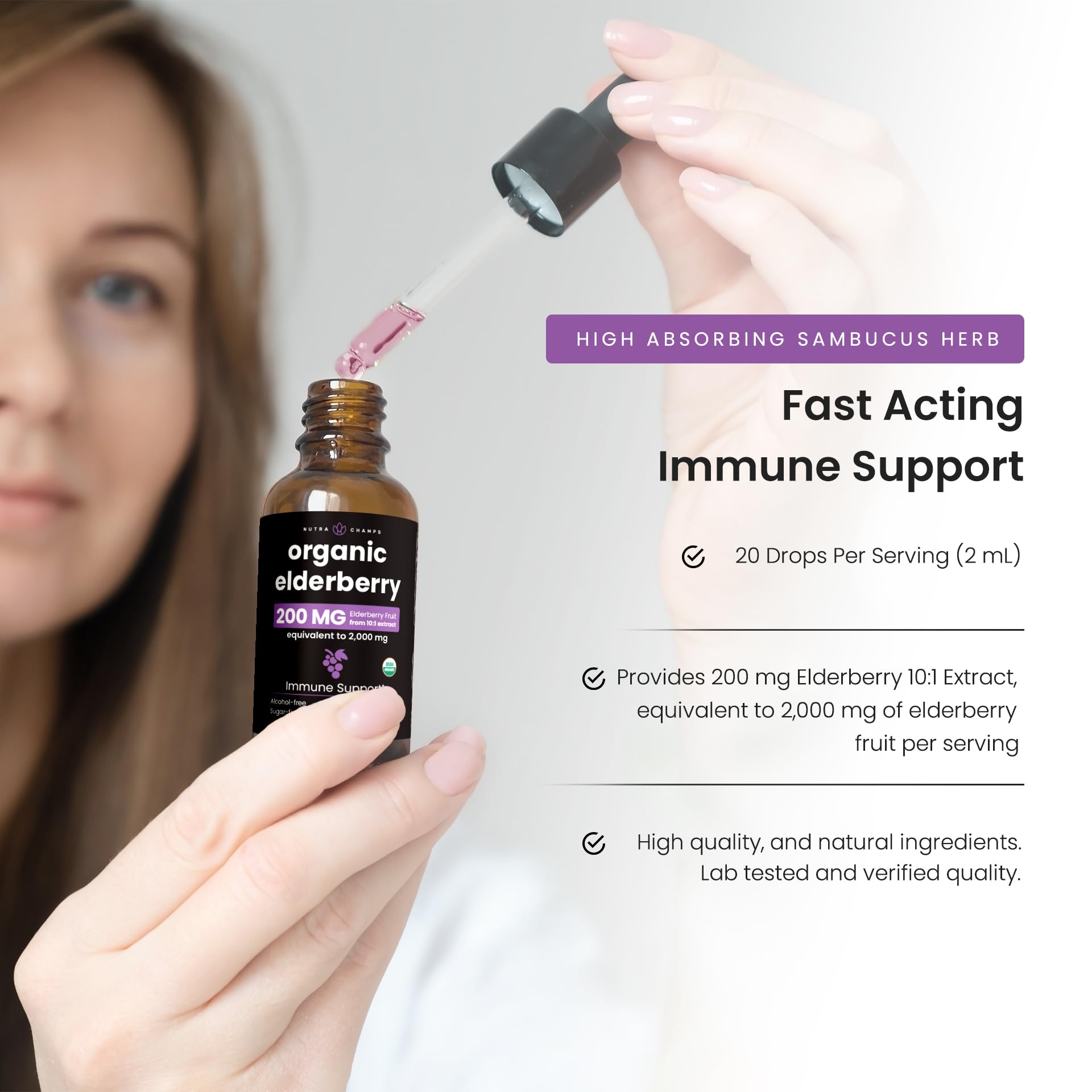 NutraChamps Elderberry Drops 200mg dropper close-up