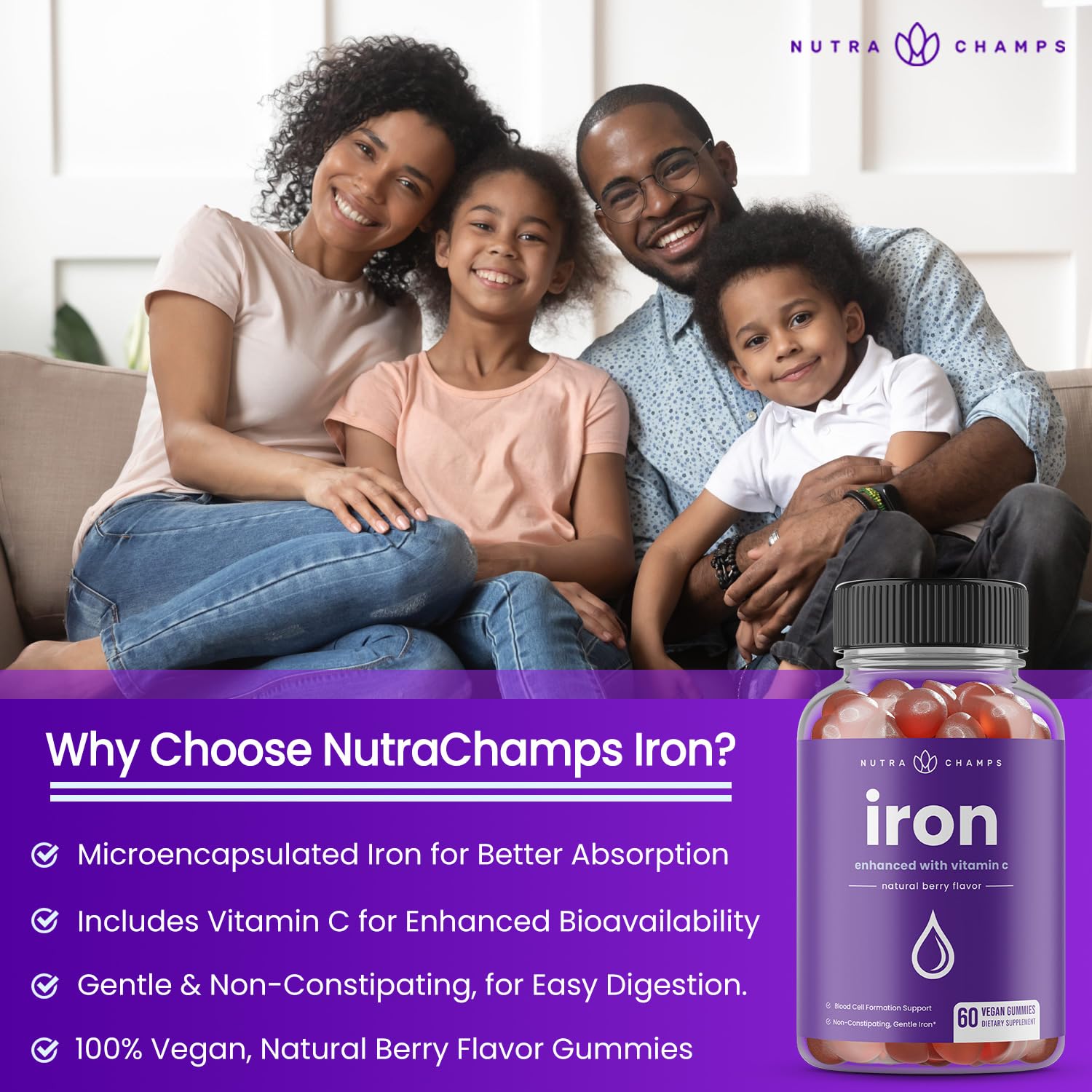 NutraChamps Iron Gummies displayed with fruits