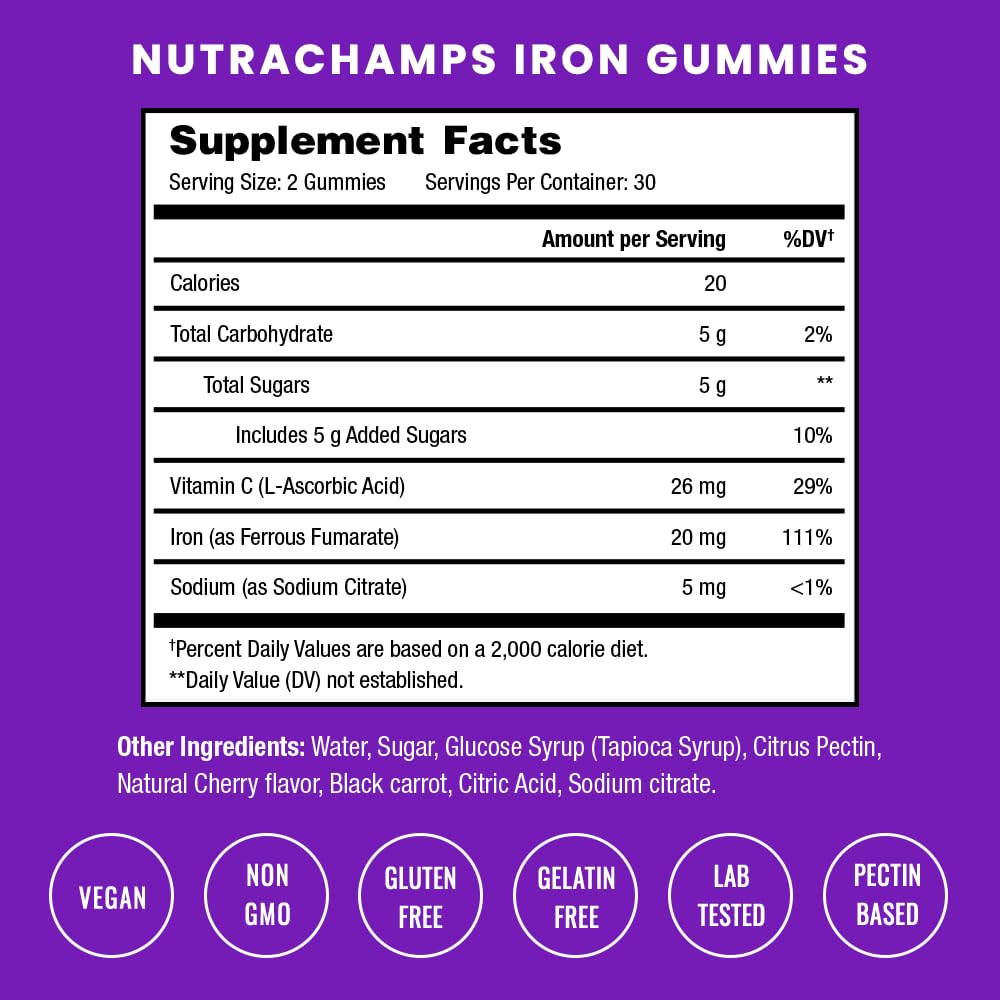 NutraChamps Iron Gummies packaging with grape flavour
