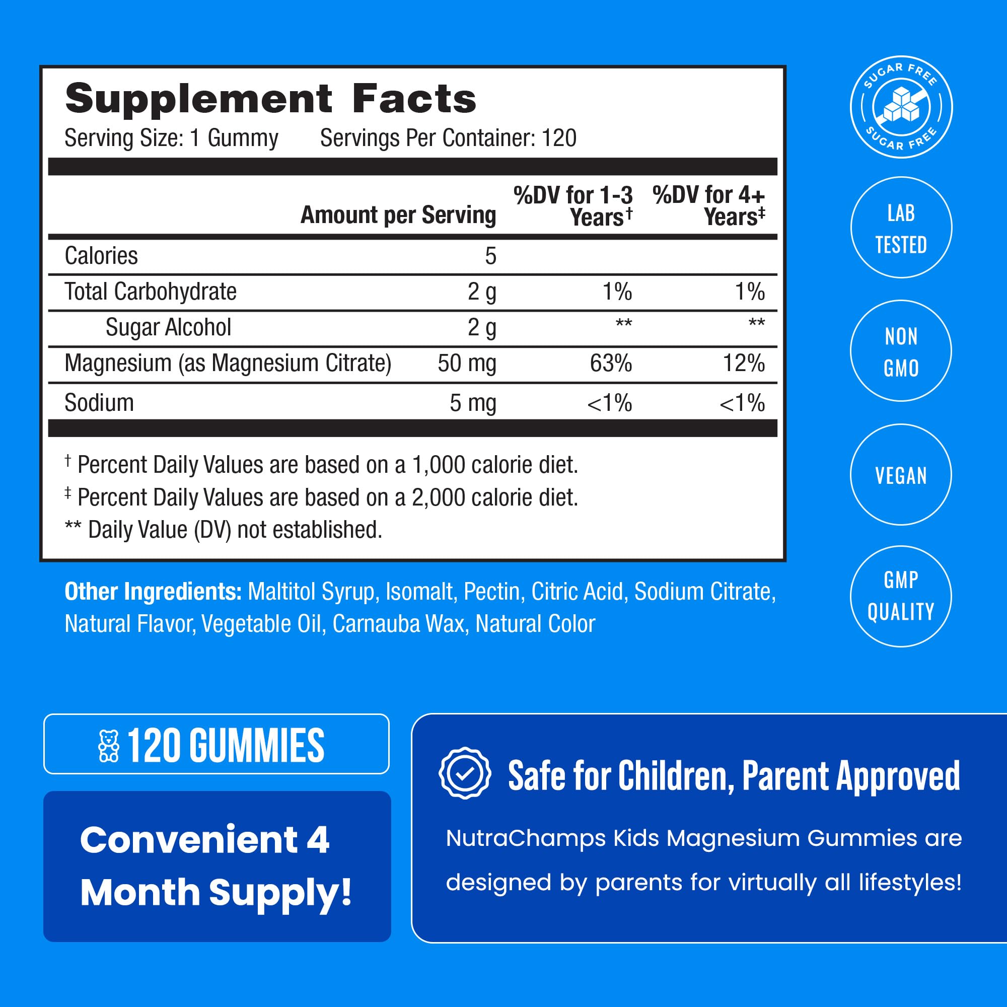 NutraChamps Kids Magnesium Gummies bottle with a child smiling