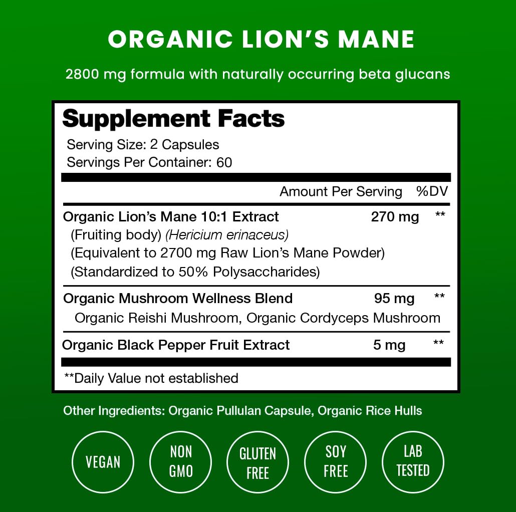 NutraChamps Lion's Mane Mushroom Capsules side view with label