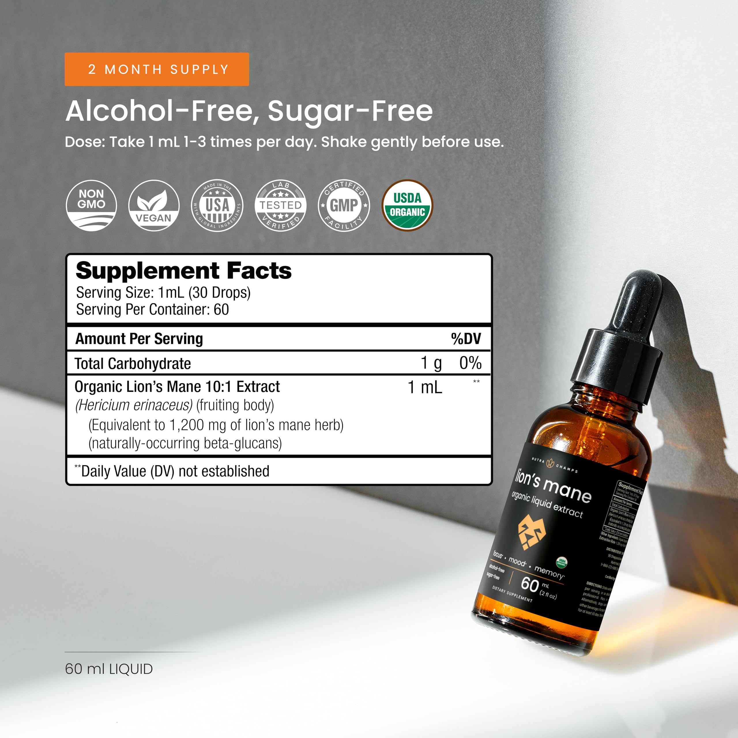 NutraChamps Lion’s Mane Mushroom Extract 10:1 drops in a glass of water