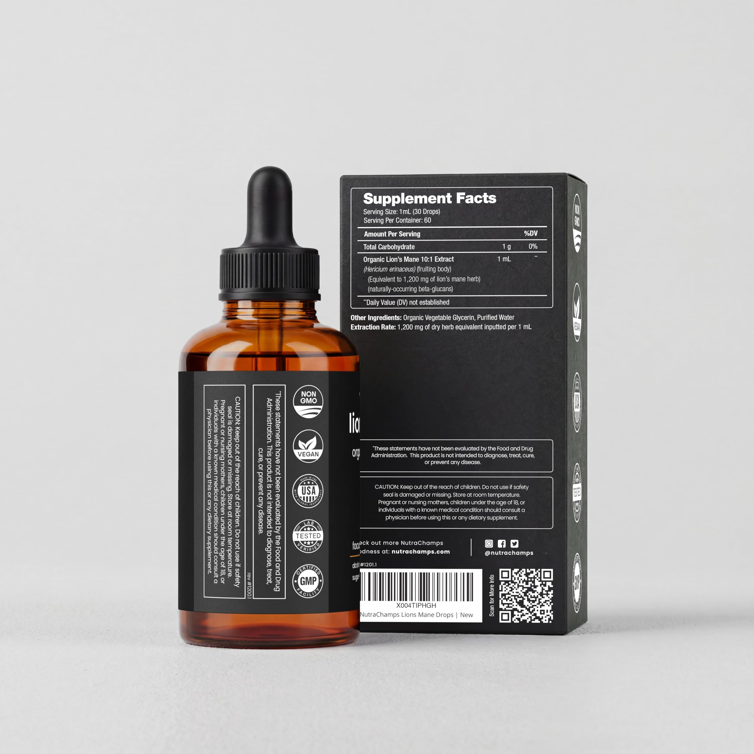 NutraChamps Lion’s Mane Mushroom Extract 10:1 drops on a wooden table