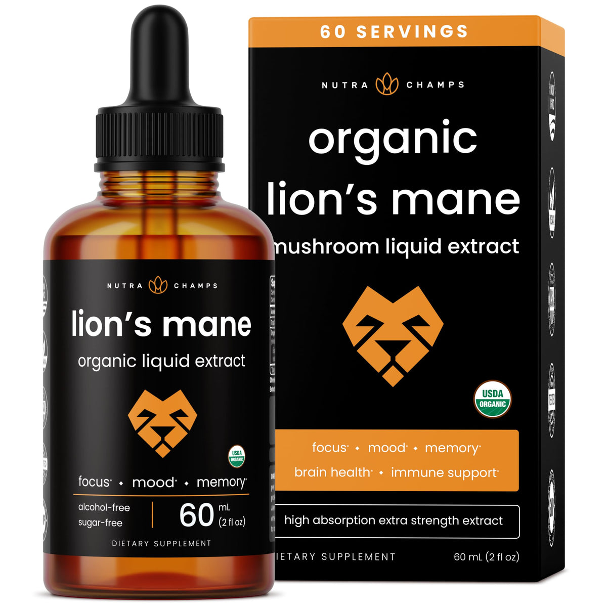 NutraChamps Lion’s Mane Mushroom Extract 10:1 liquid drops front view