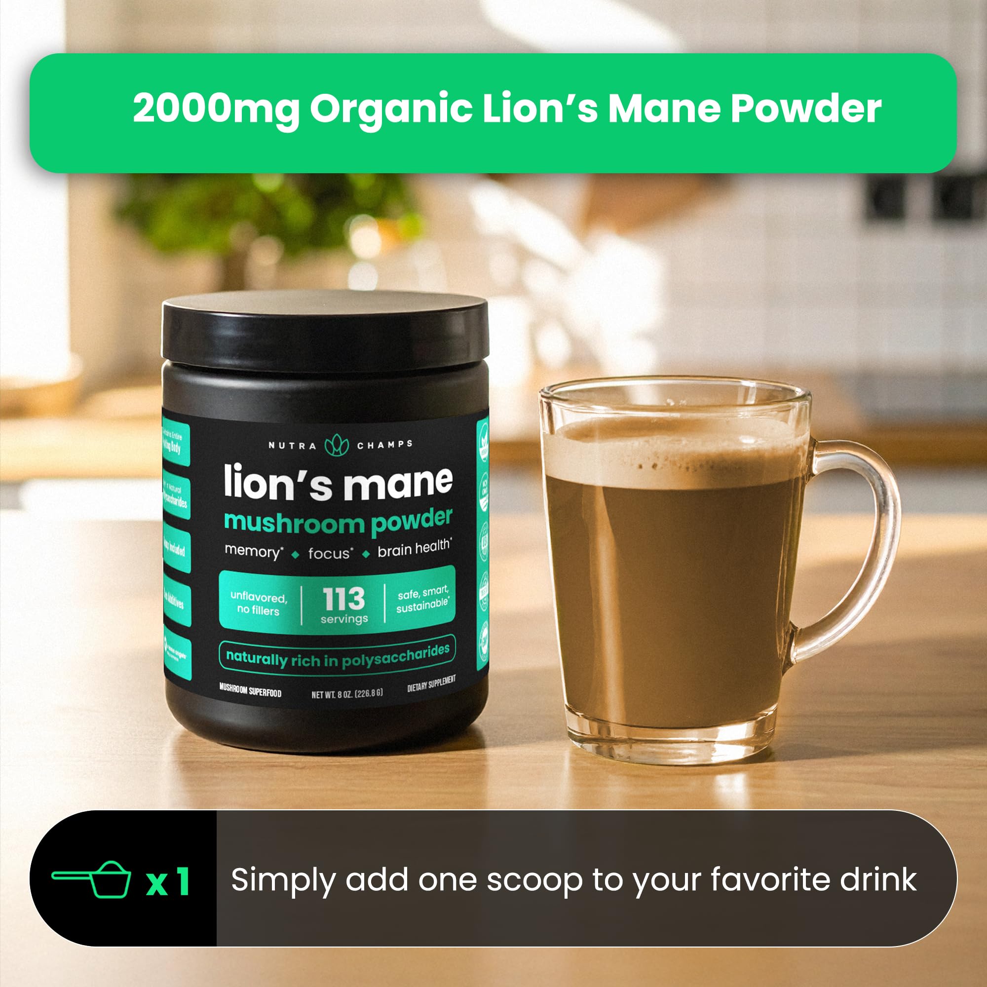NutraChamps Lion's Mane Mushroom Powder close-up of powder