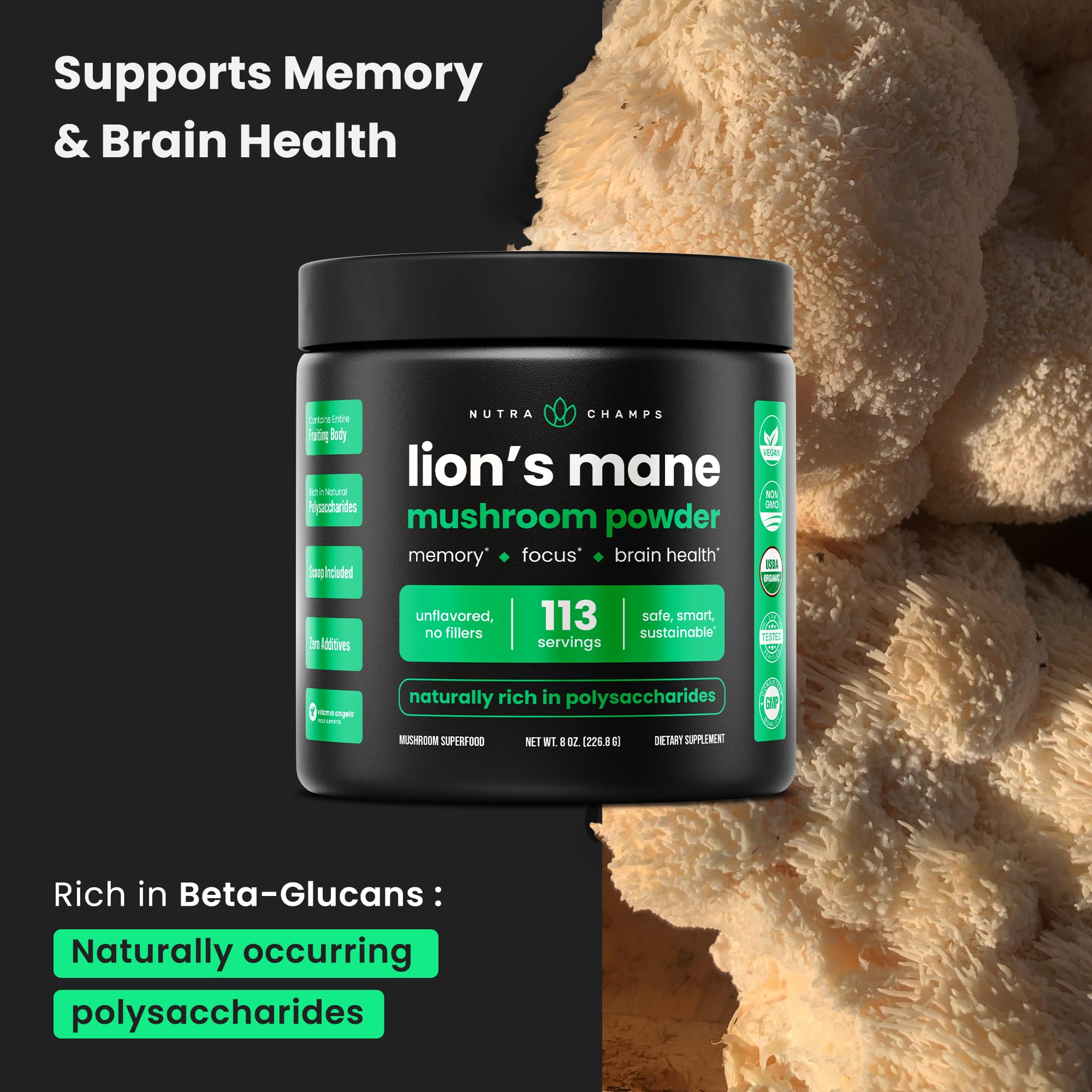 NutraChamps Lion's Mane Mushroom Powder serving size scoop