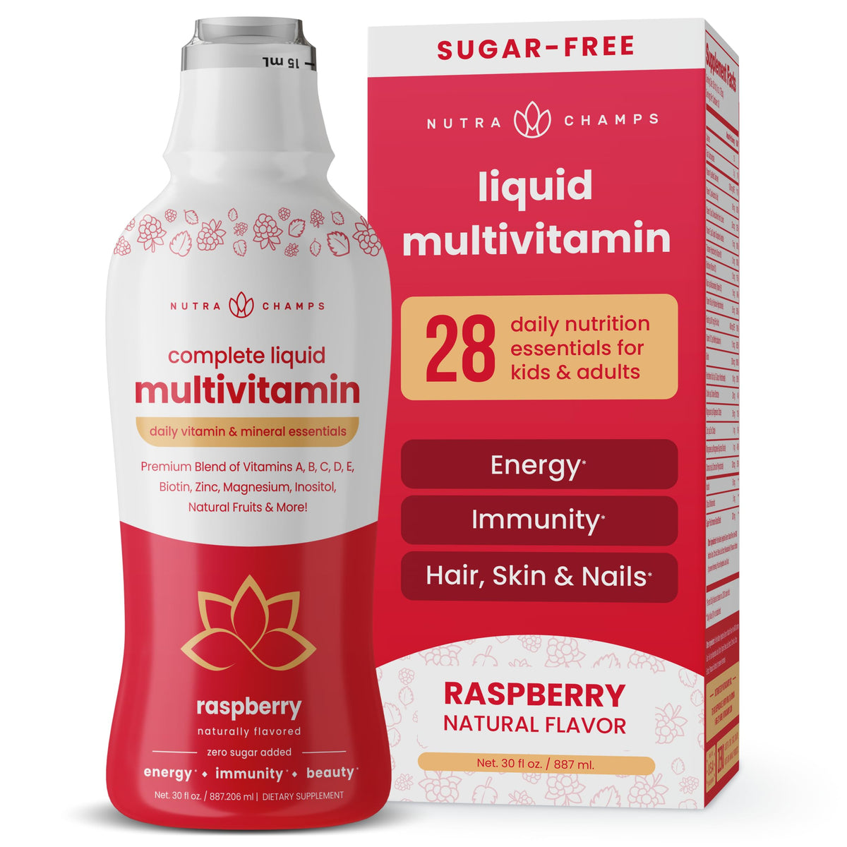 NutraChamps Liquid Multivitamin 980g front view with raspberry flavour