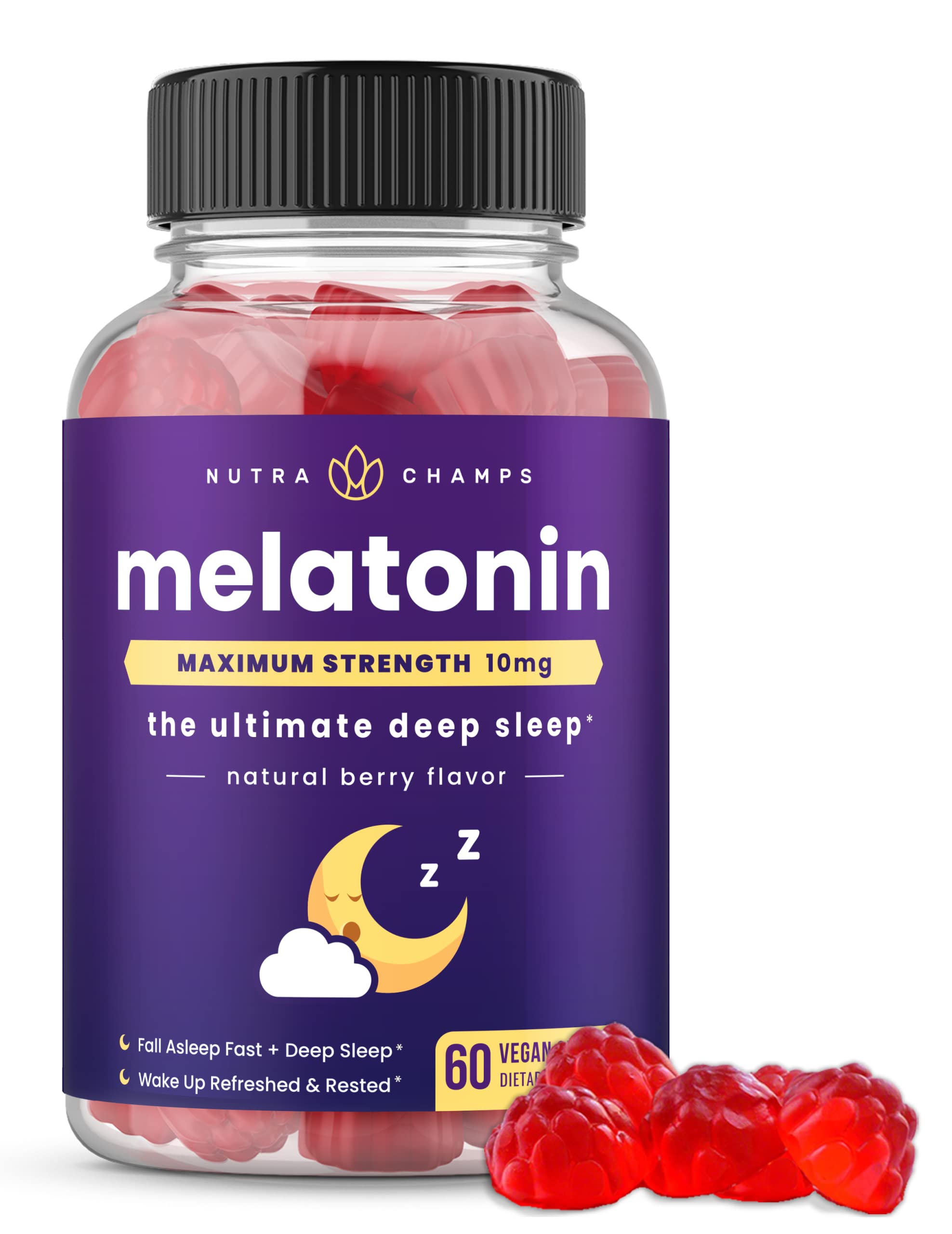 NutraChamps Melatonin Gummies front view, 180g packaging