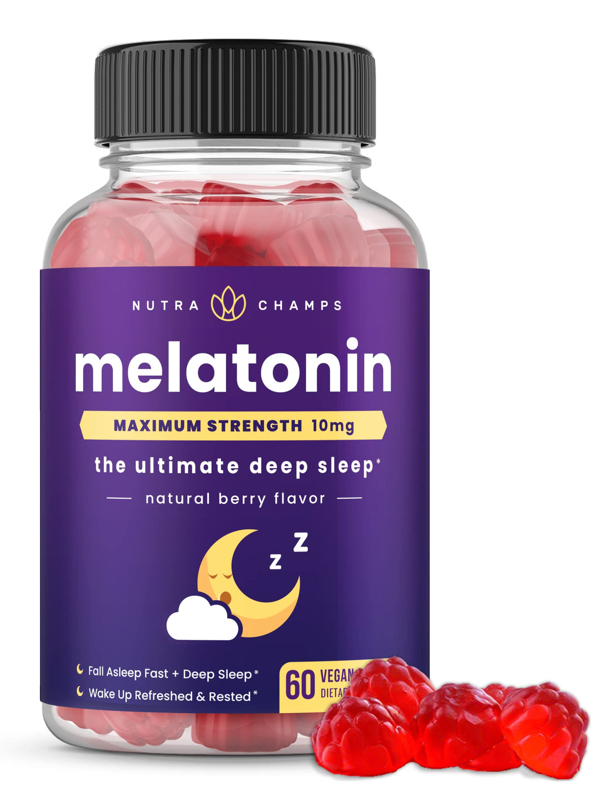 NutraChamps Melatonin Gummies front view, 180g packaging