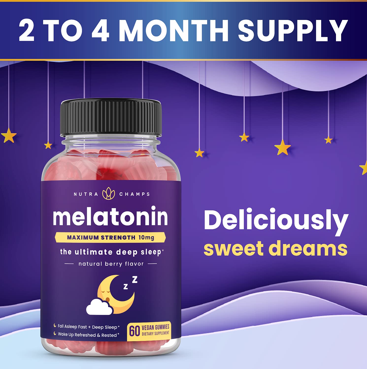 NutraChamps Melatonin Gummies side view with dosage information