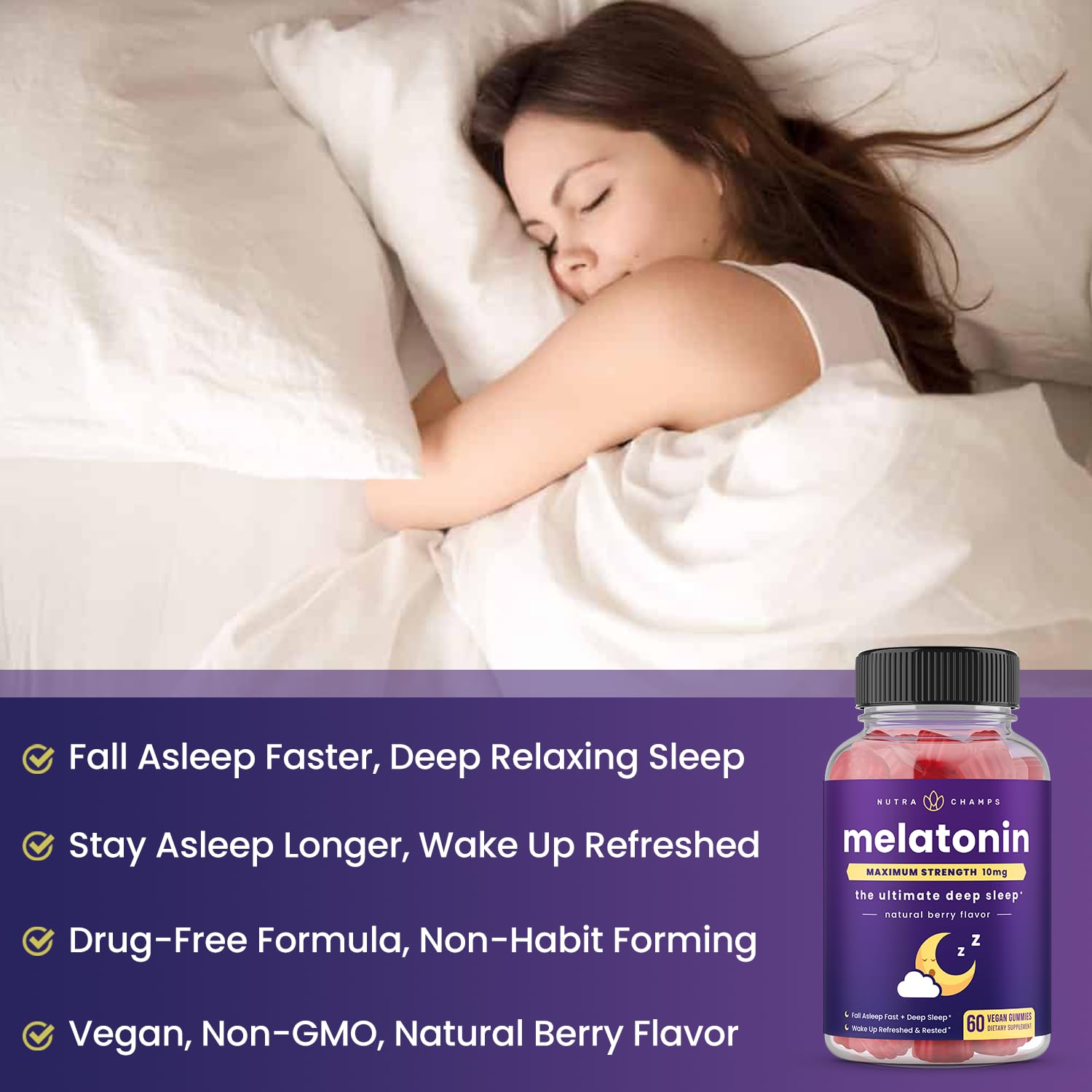 NutraChamps Melatonin Gummies side view with natural berry flavour