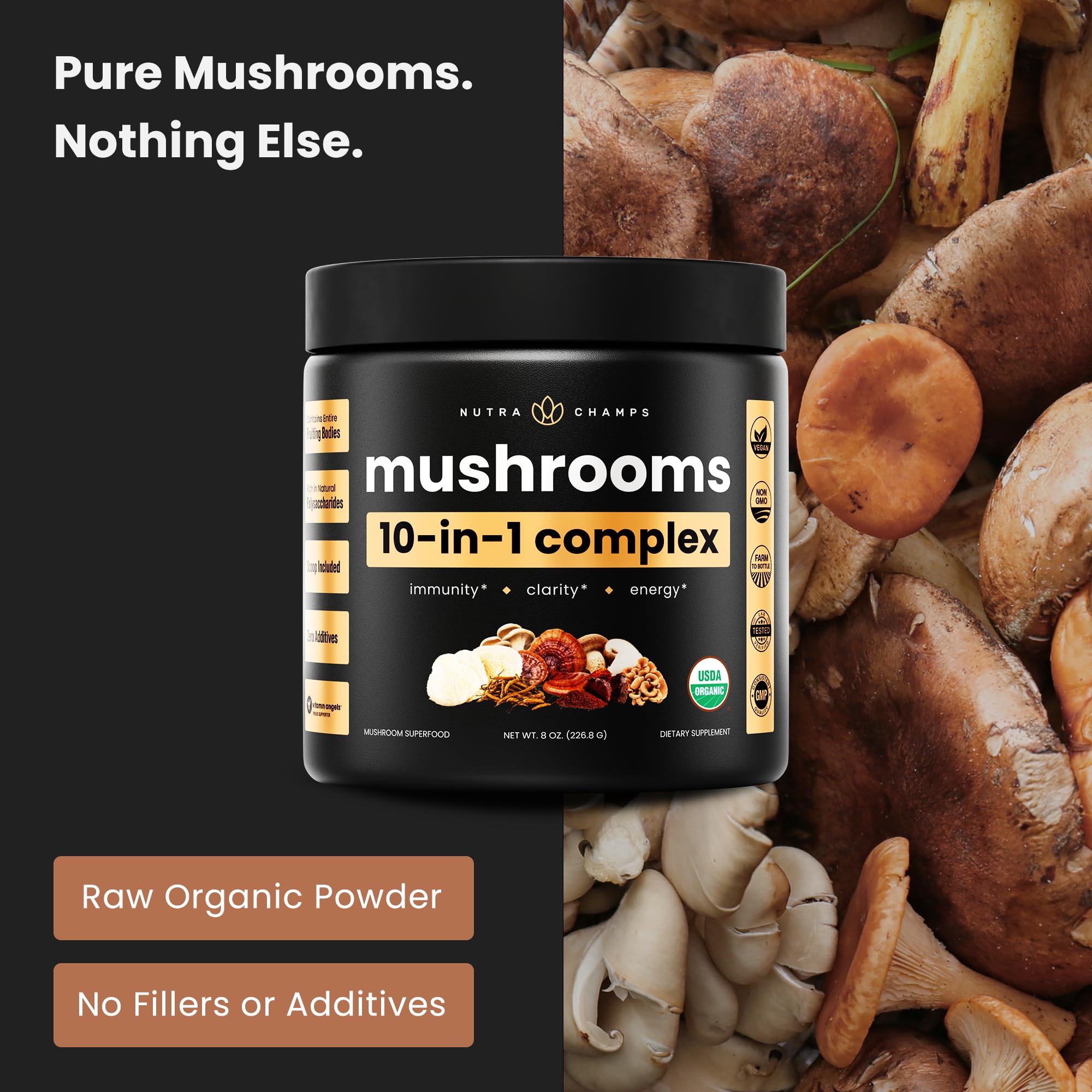 NutraChamps Mushroom Complex 250g packaging side view