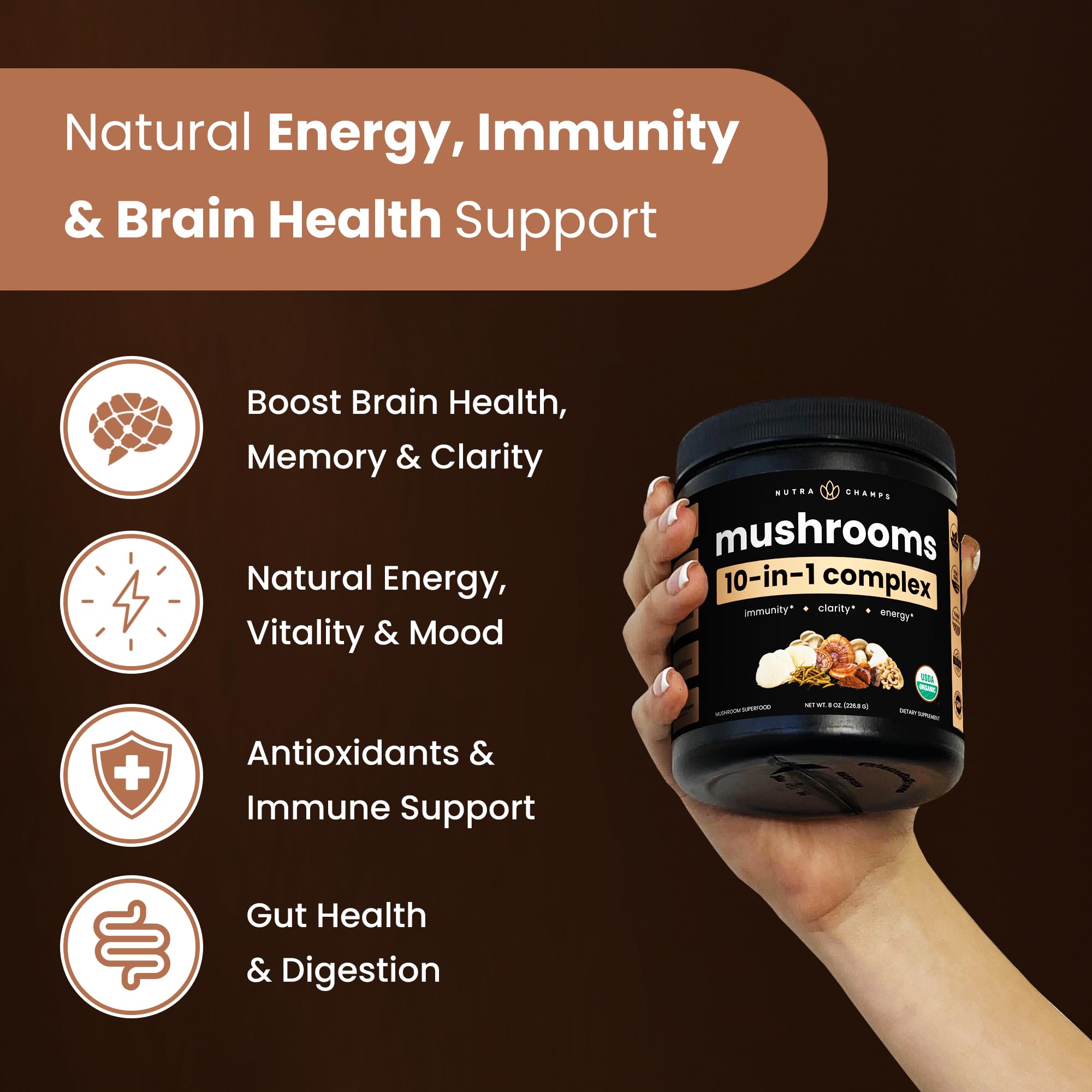 NutraChamps Mushroom Complex 250g unflavoured powder scoop
