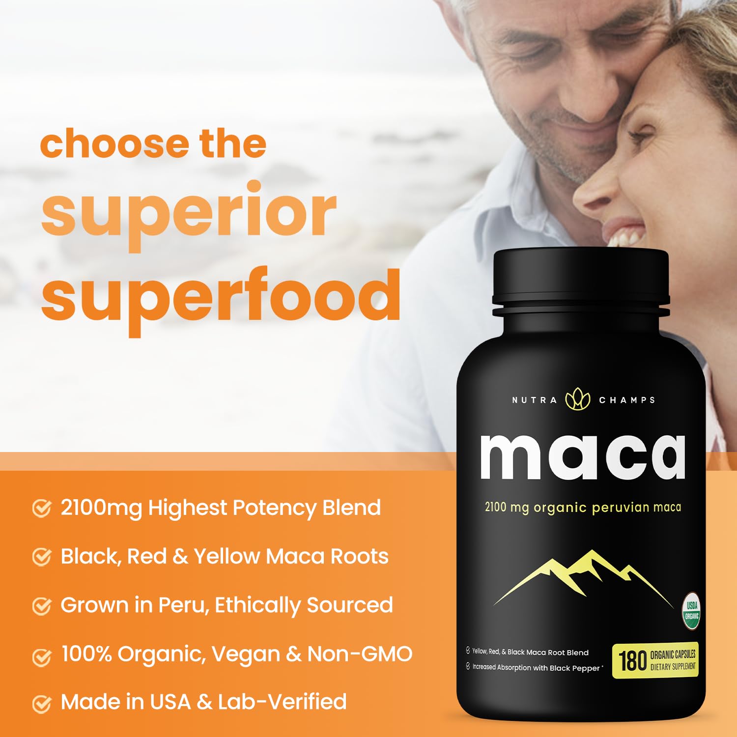 NutraChamps Organic Maca Capsules with black, red, and yellow Peruvian root powder
