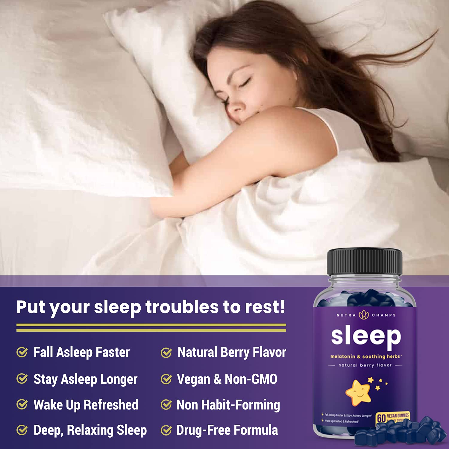 NutraChamps Sleep Gummies 200g natural berry flavour gummies close-up