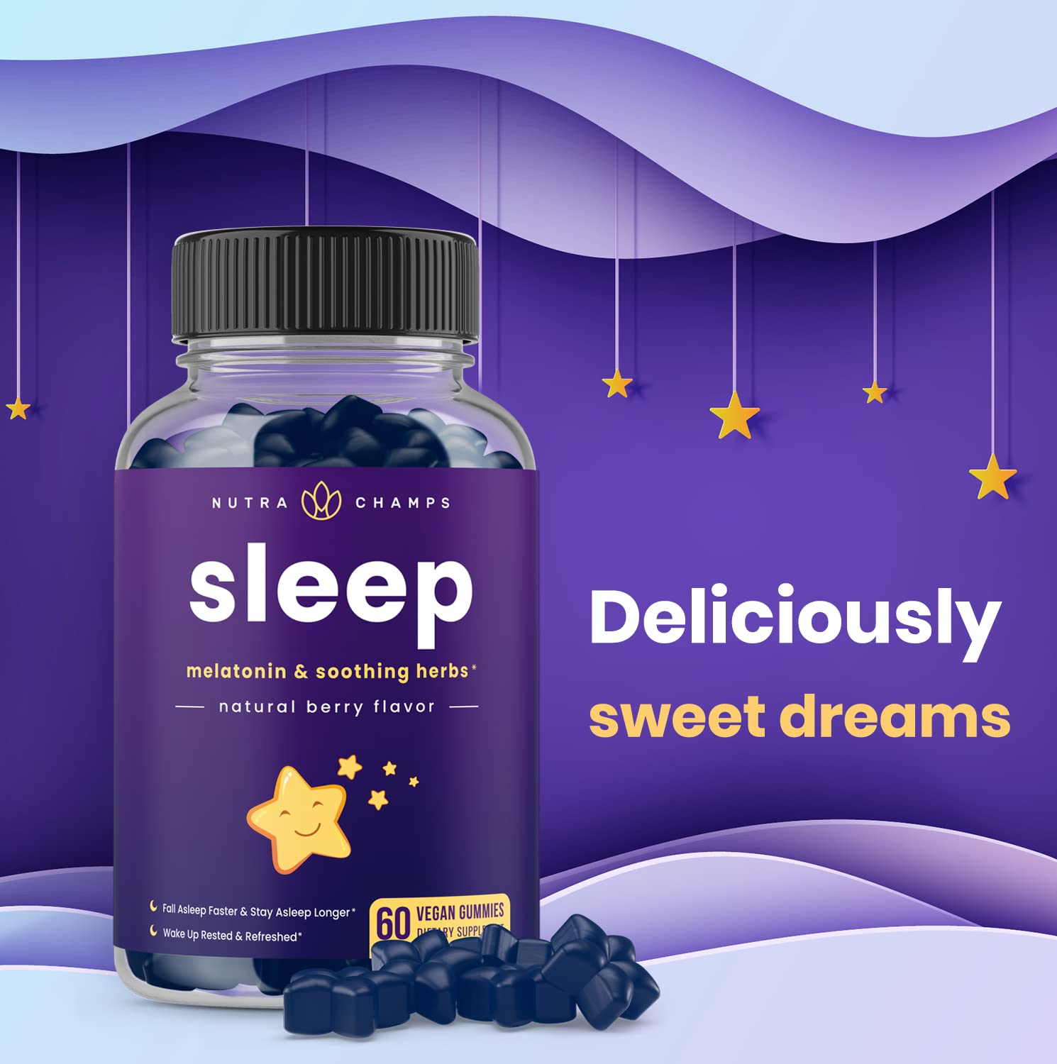 NutraChamps Sleep Gummies 200g open packaging with gummies displayed