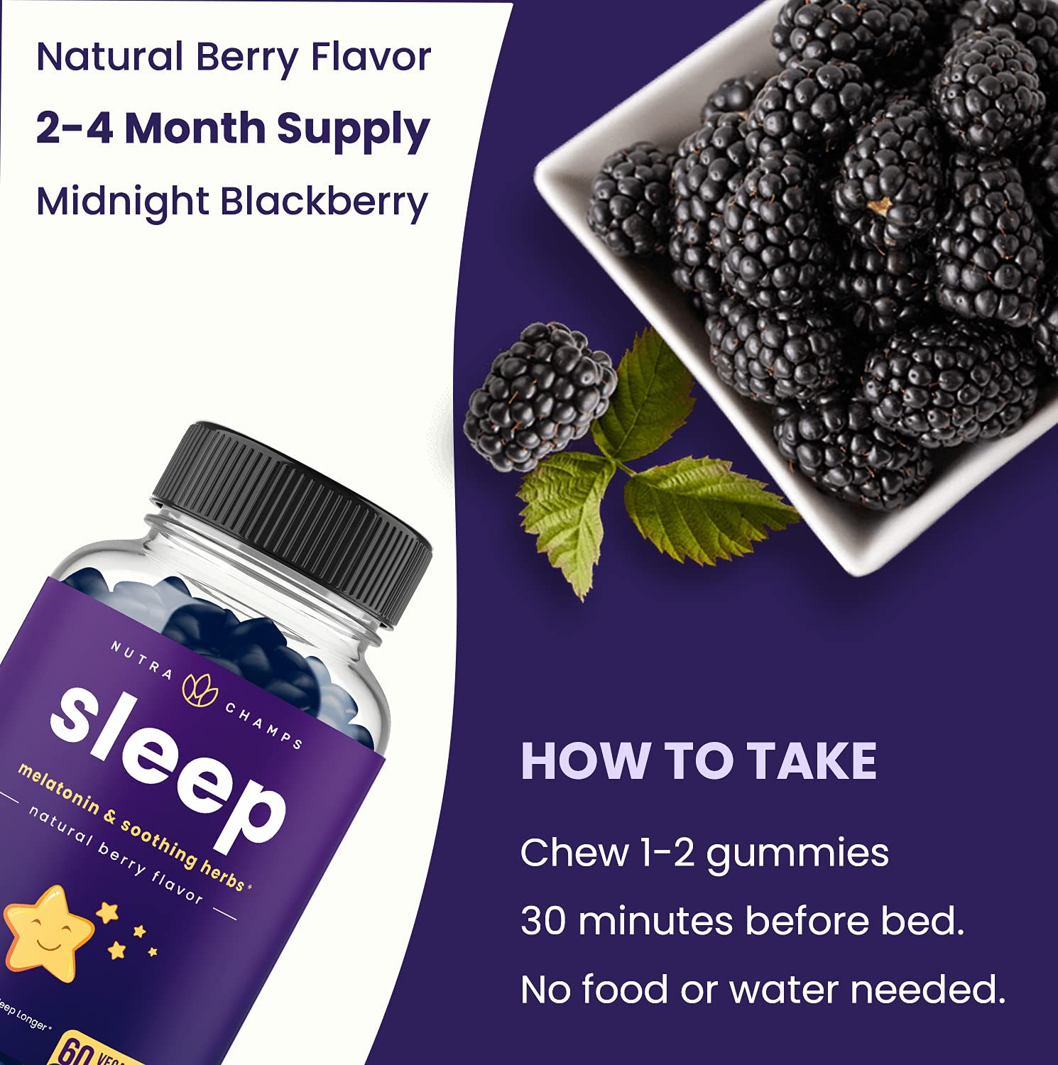 NutraChamps Sleep Gummies 450g side view showing ingredients