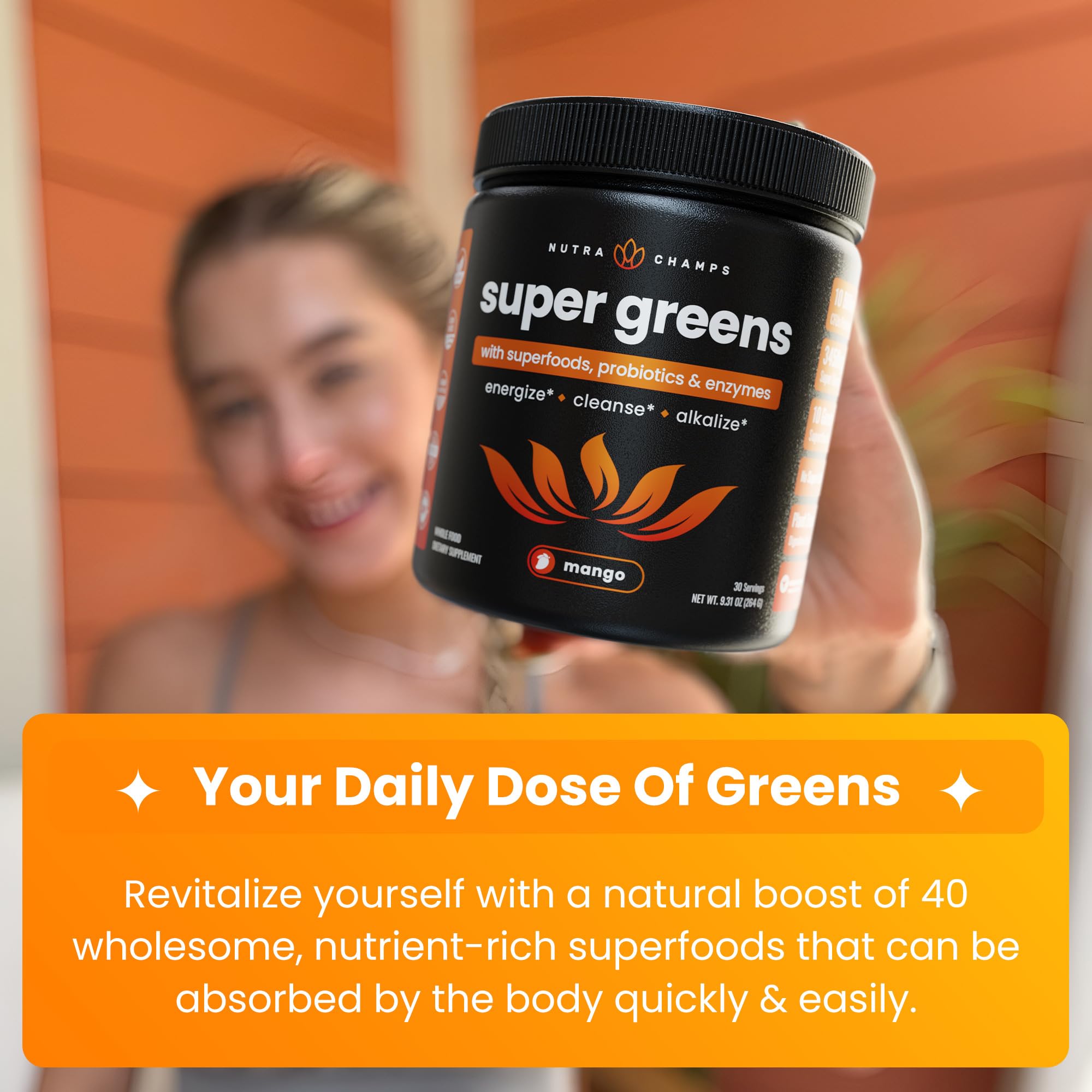 NutraChamps Super Greens Powder 340g mixed in a glass