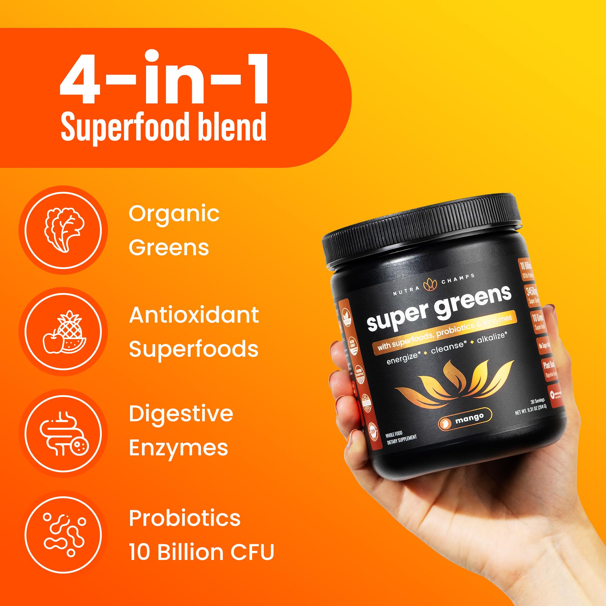 NutraChamps Super Greens Powder 340g scoop with powder
