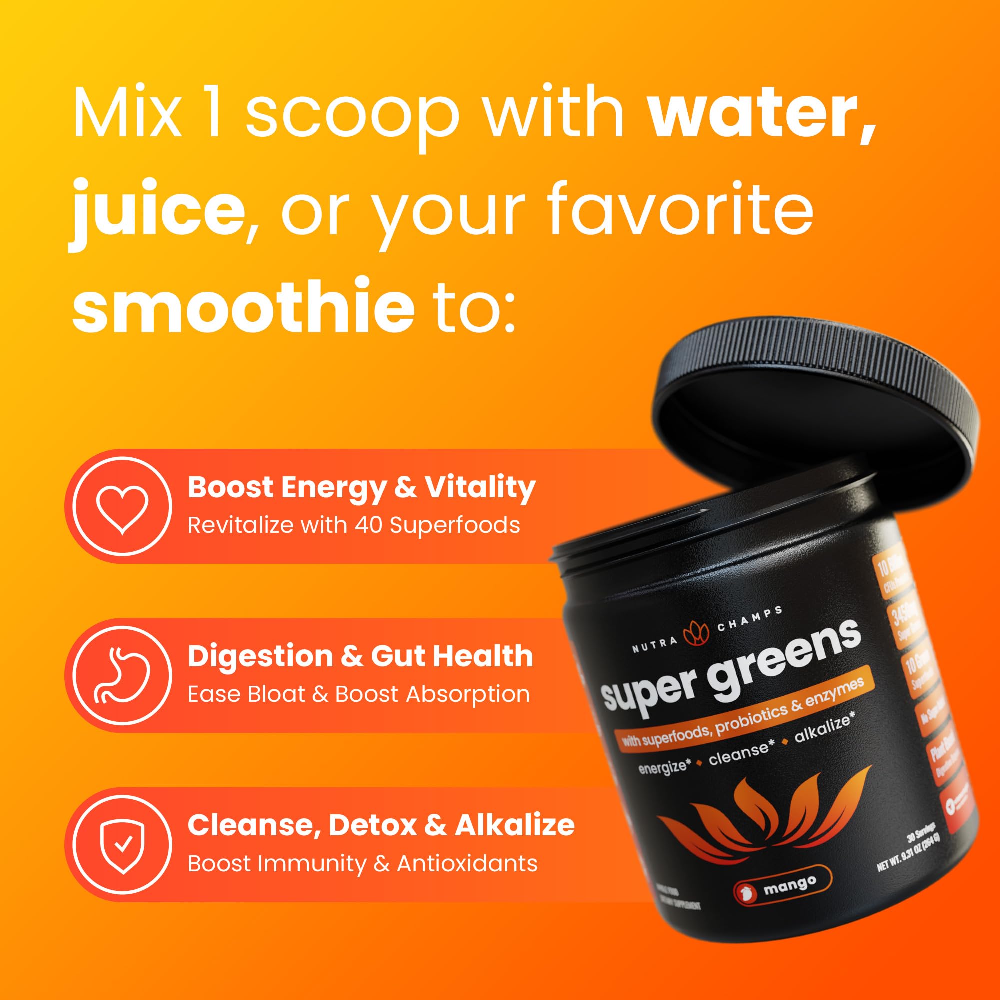 NutraChamps Super Greens Powder 340g with fresh fruits and vegetables