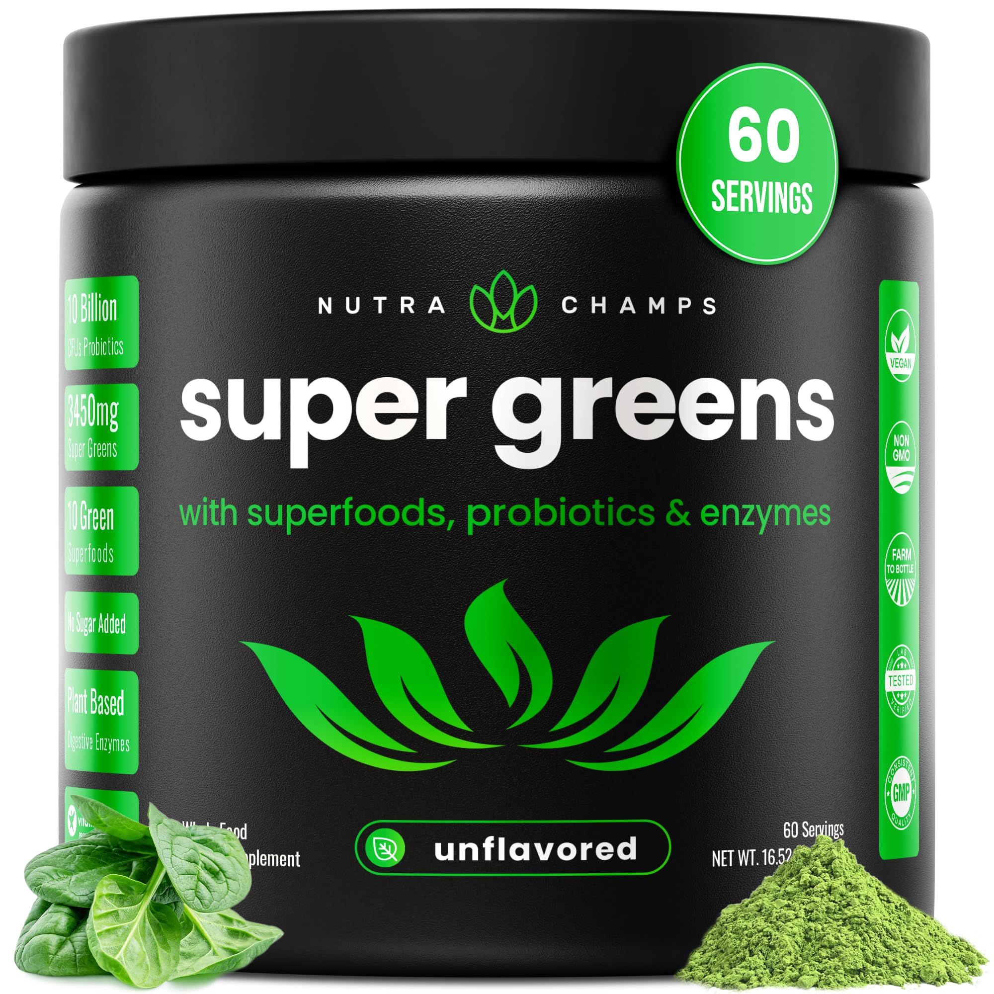 NutraChamps Super Greens Powder 590g front view