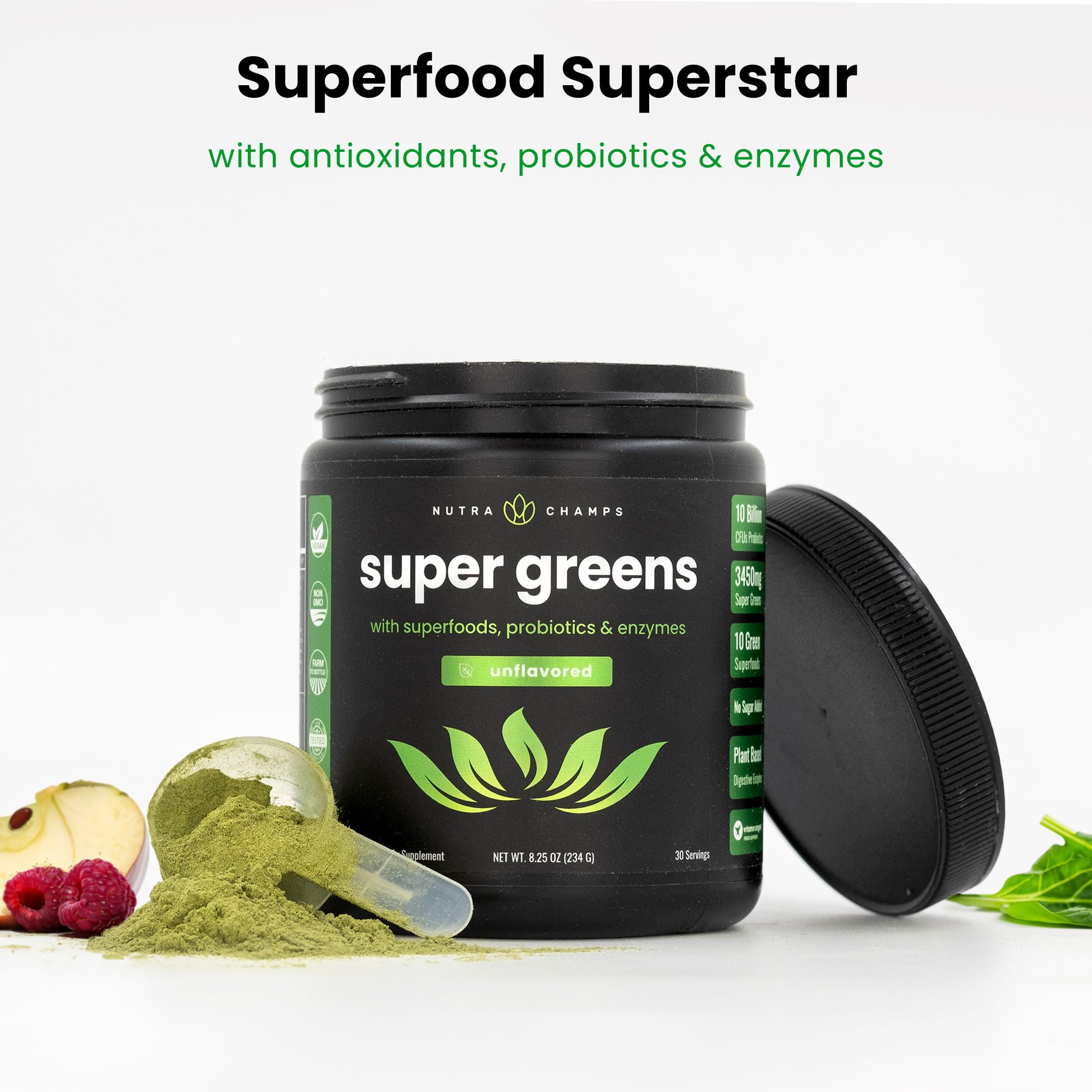 NutraChamps Super Greens Powder 590g scoop with powder