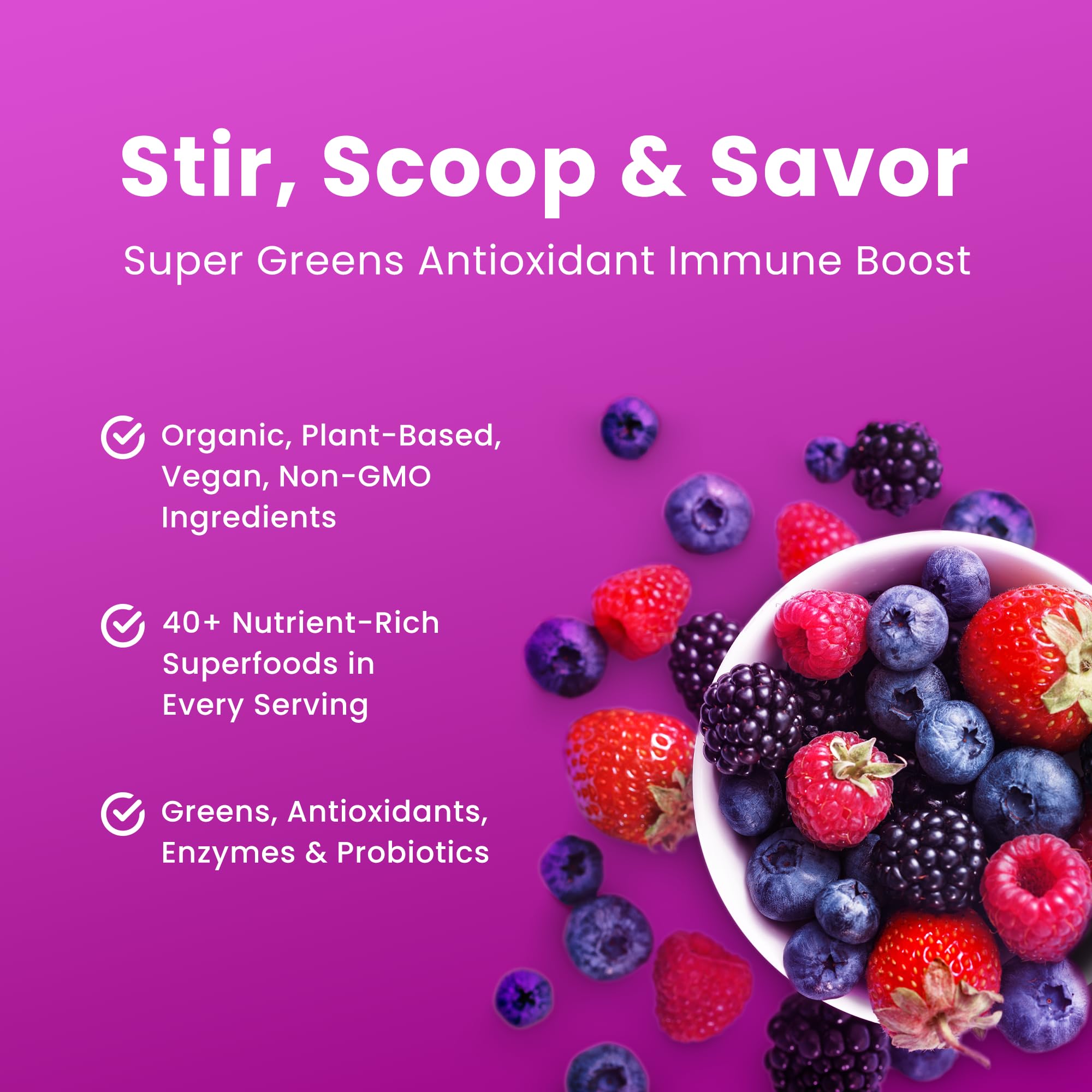 NutraChamps Super Greens Powder displayed with fresh fruits and vegetables