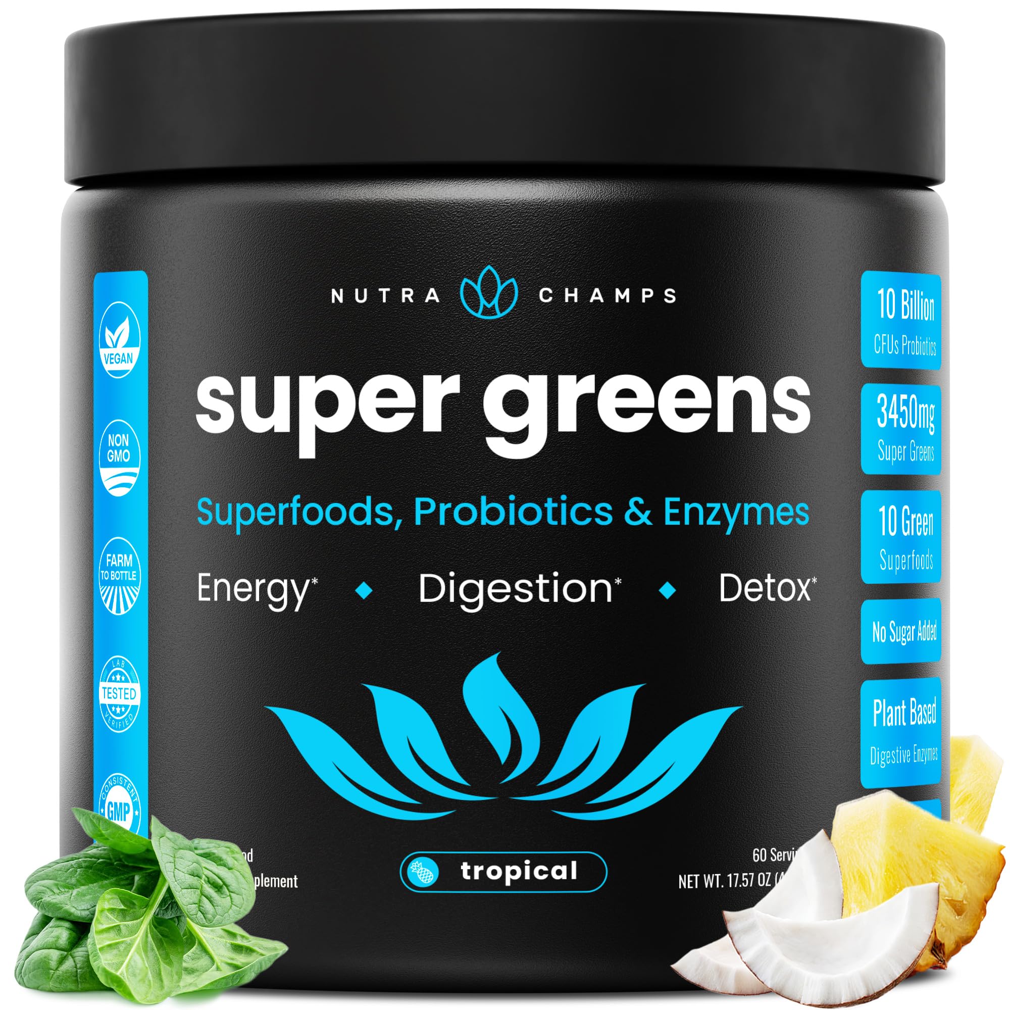 NutraChamps Super Greens Powder front view packaging
