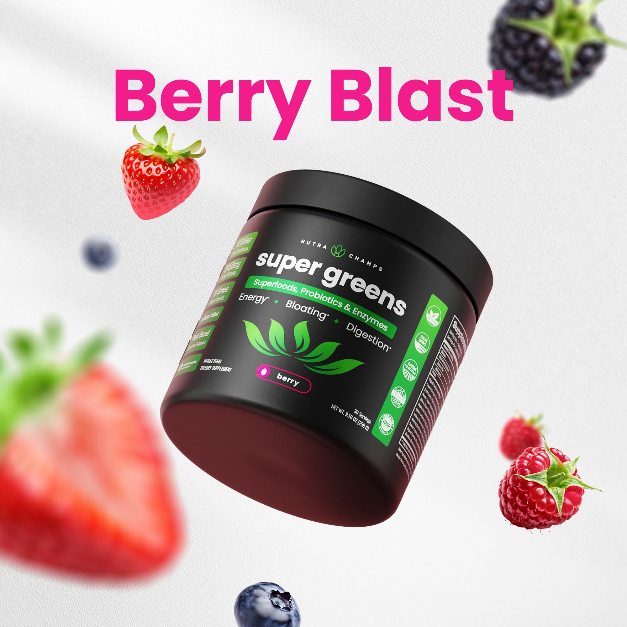 NutraChamps Super Greens Powder scoop and powder close-up
