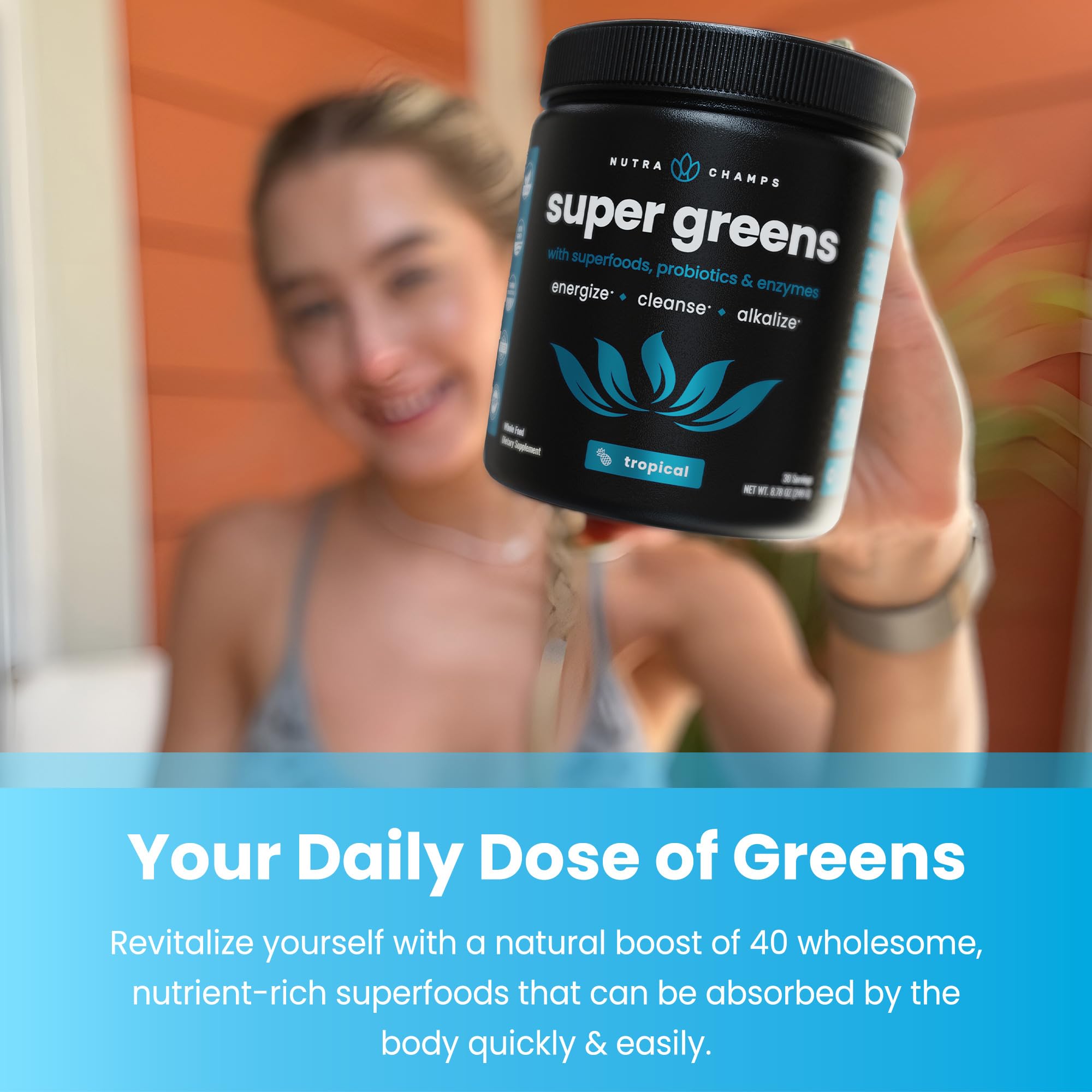 NutraChamps Super Greens Powder scoop with green powder