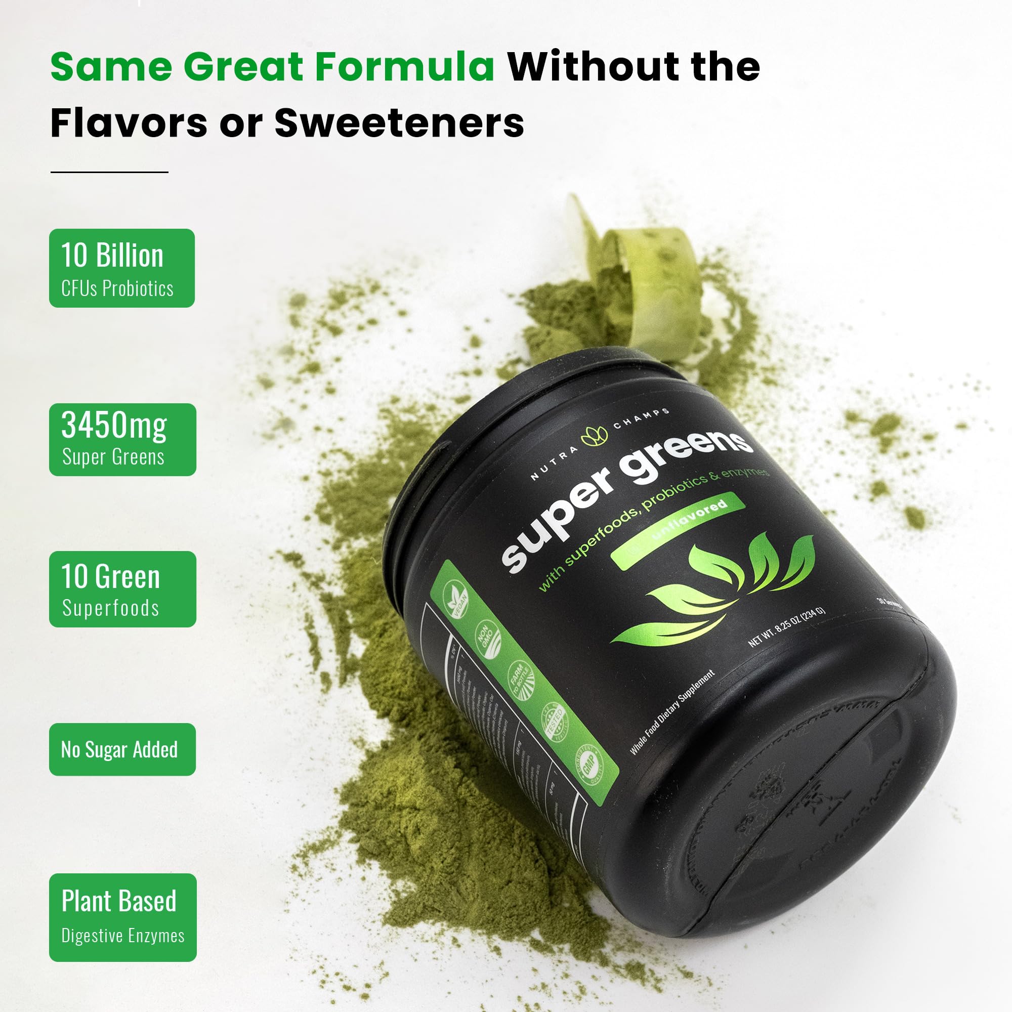 NutraChamps Super Greens product on a kitchen counter