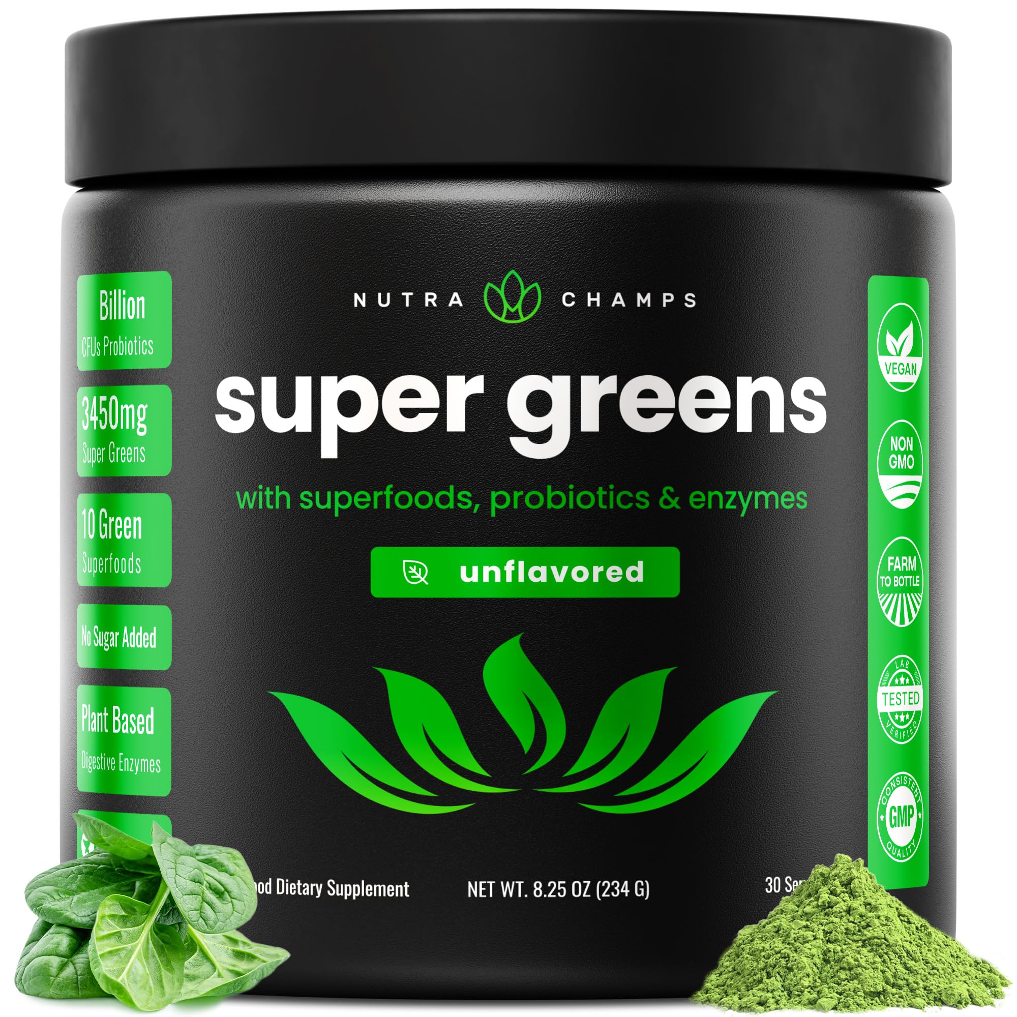 NutraChamps Super Greens Spirulina Powder 255g front view