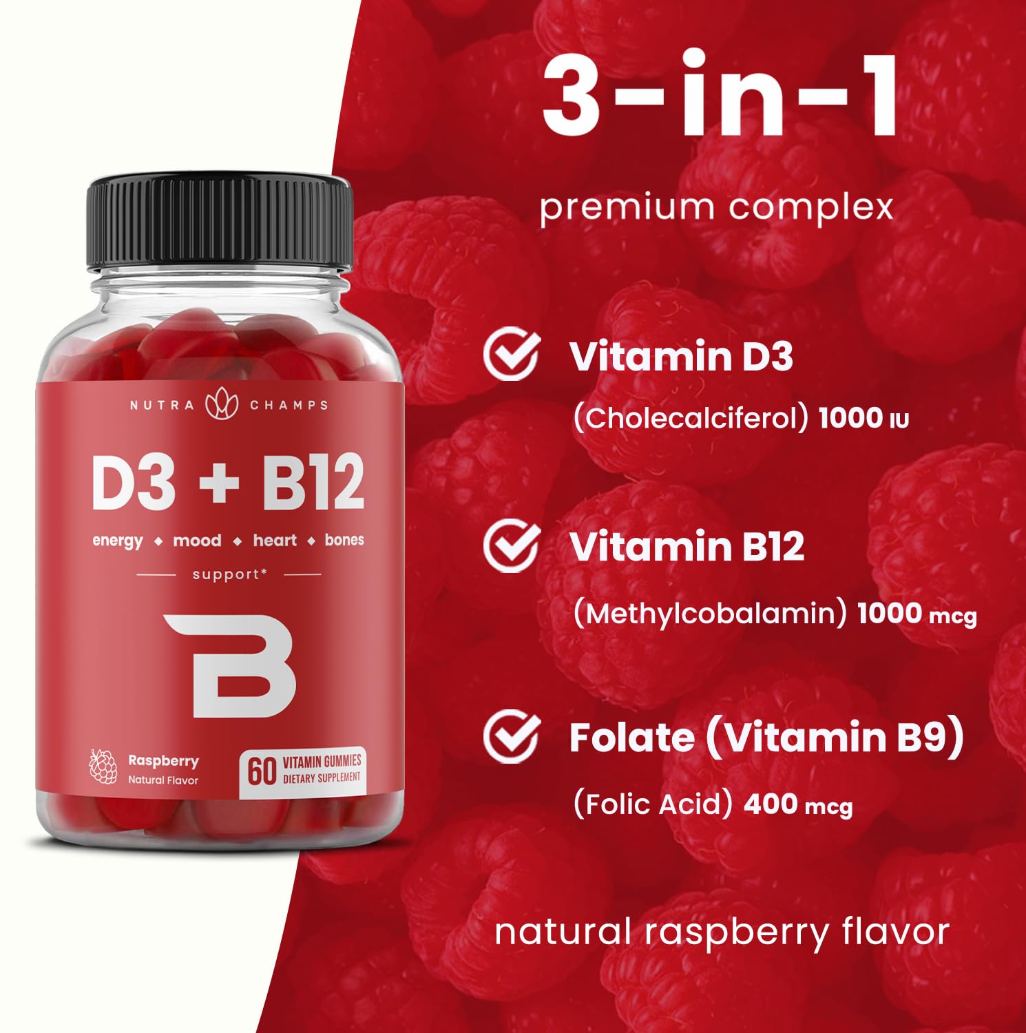 NutraChamps Vitamin B12 Gummies displayed with fresh berries