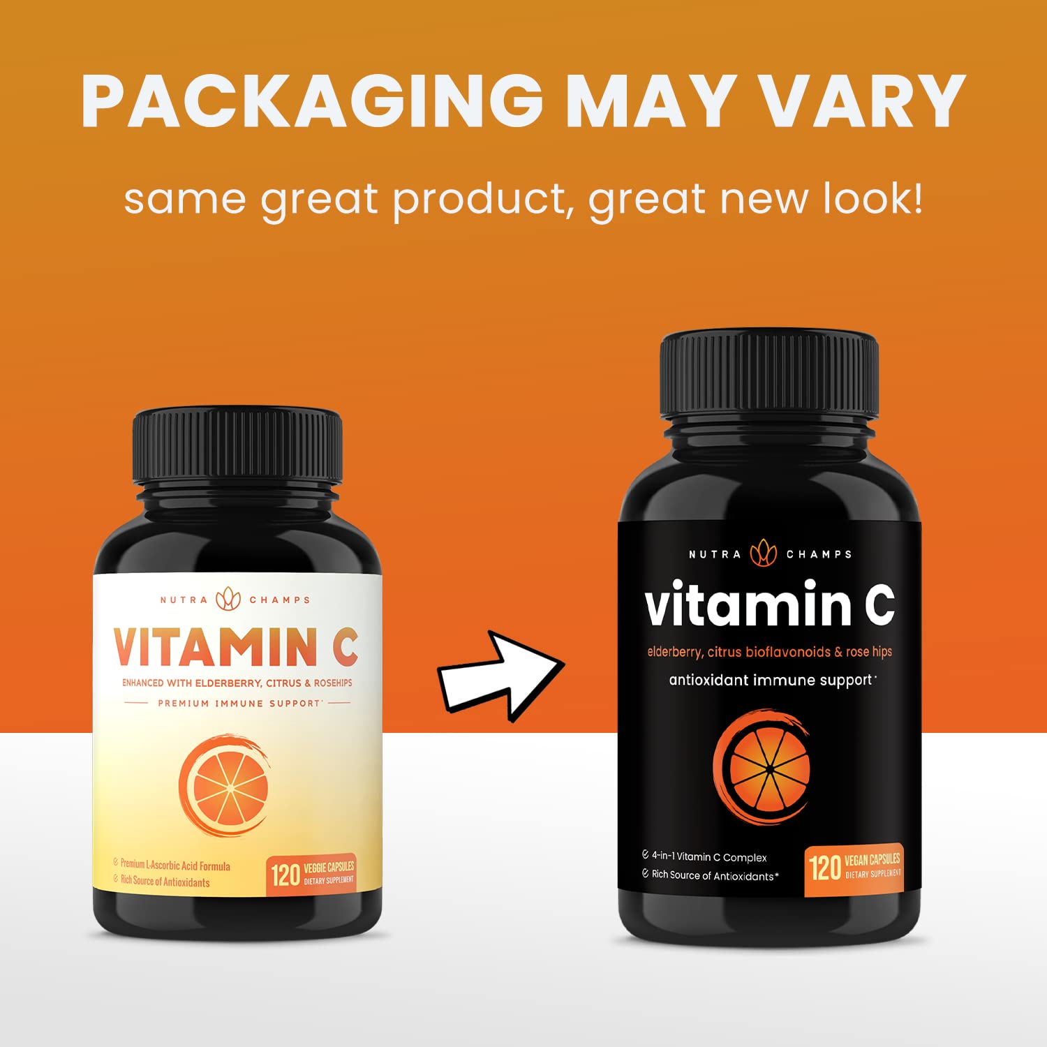 NutraChamps Vitamin C capsules on a wooden table