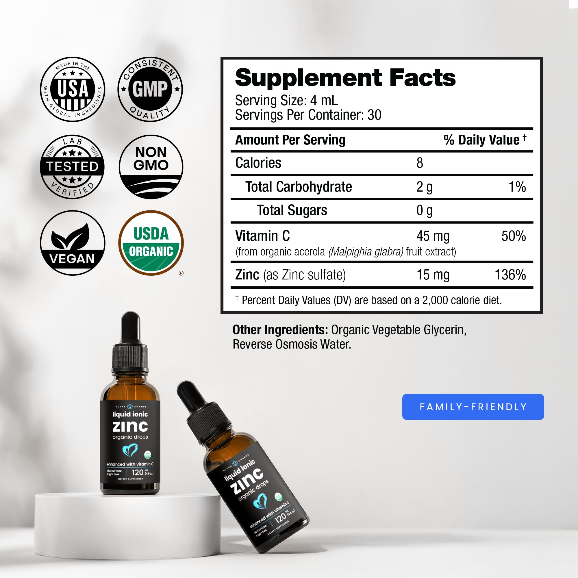NutraChamps Zinc Liquid Drops 113g with Vitamin C label