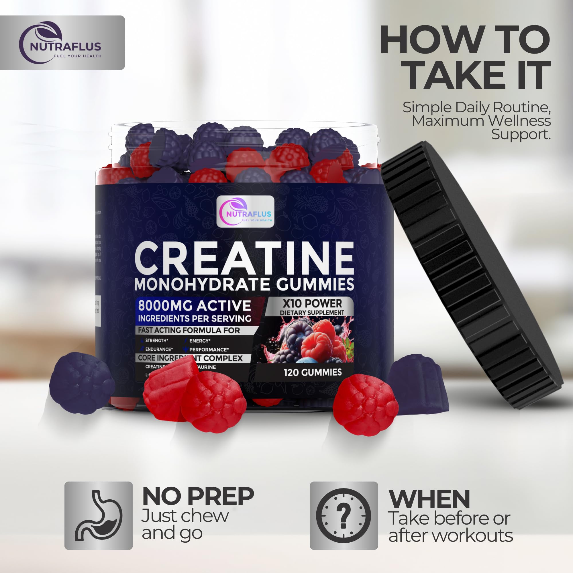 NUTRAFLUS Creatine Gummies on a gym bench with weights