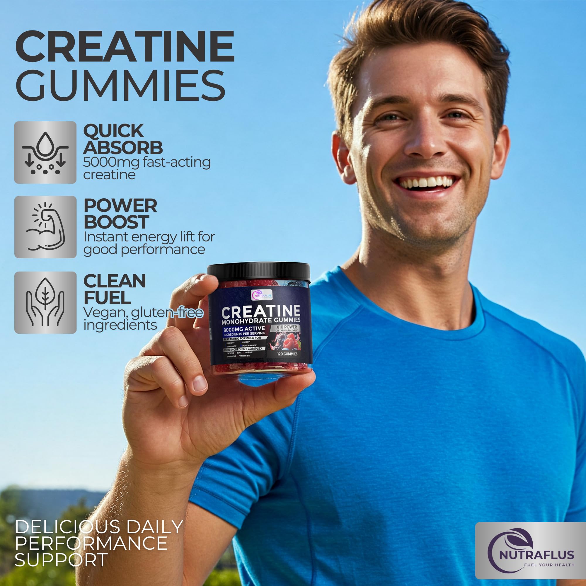 NUTRAFLUS Creatine Gummies packaging with nutritional information