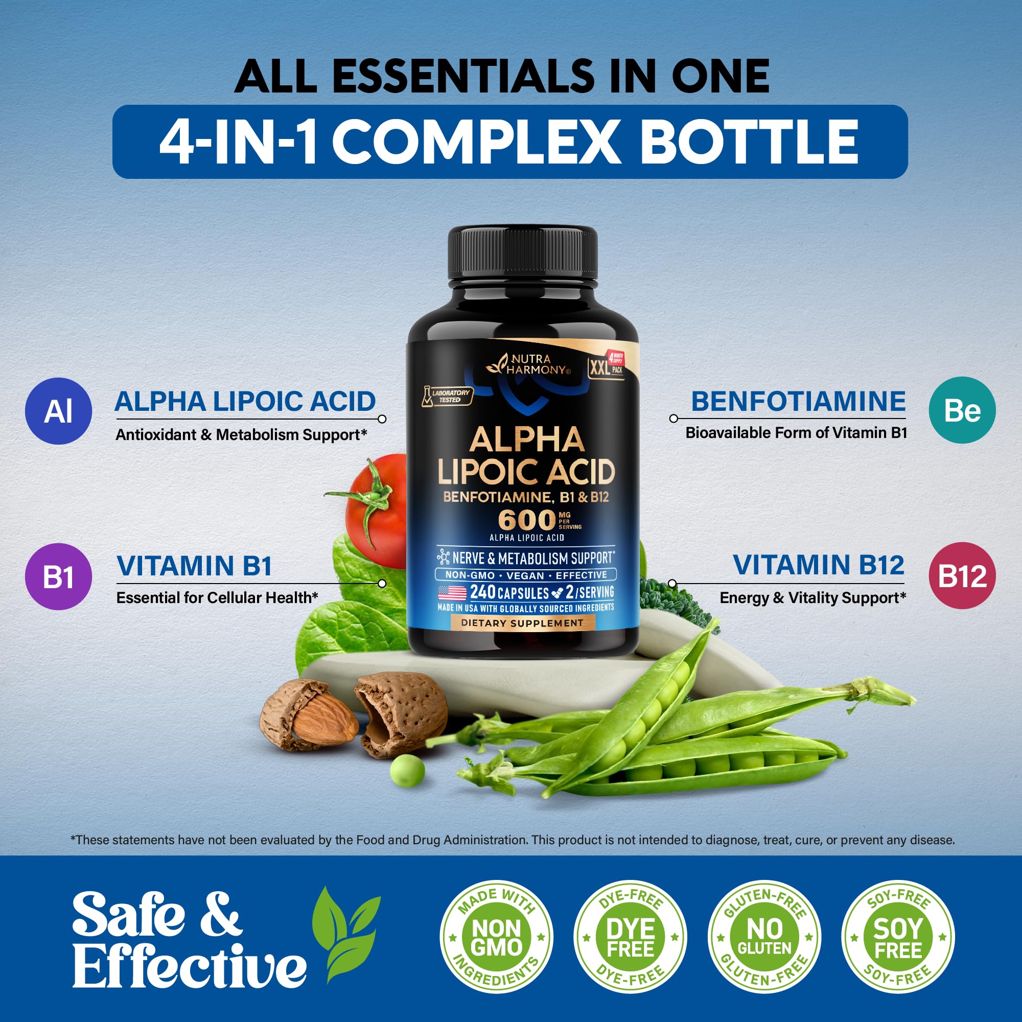 NUTRAHARMONY Alpha Lipoic Acid 600 mg capsules on a wooden table
