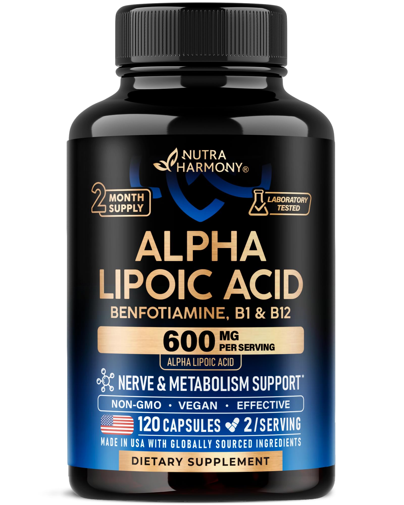NUTRAHARMONY Alpha Lipoic Acid 600mg supplement bottle front view