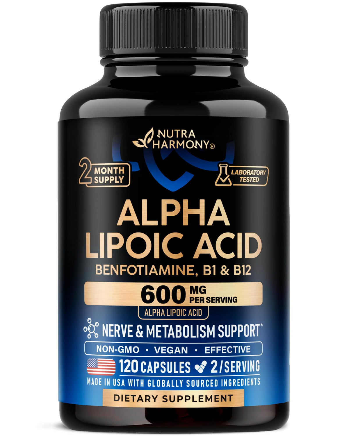 NUTRAHARMONY Alpha Lipoic Acid 600mg supplement bottle front view